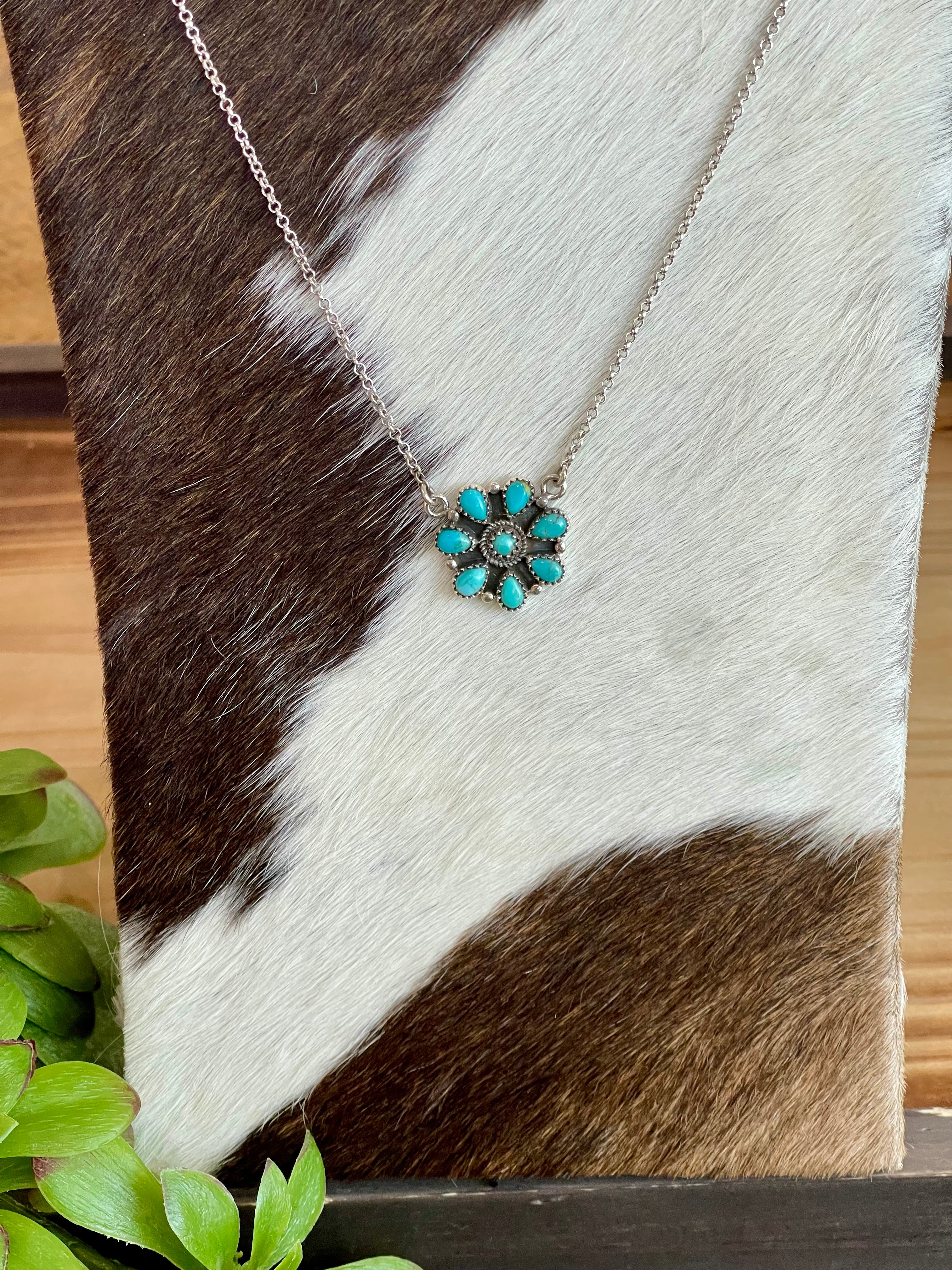 Southwest Handmade Kingman Turquoise & Sterling Silver Cluster Flower Necklace