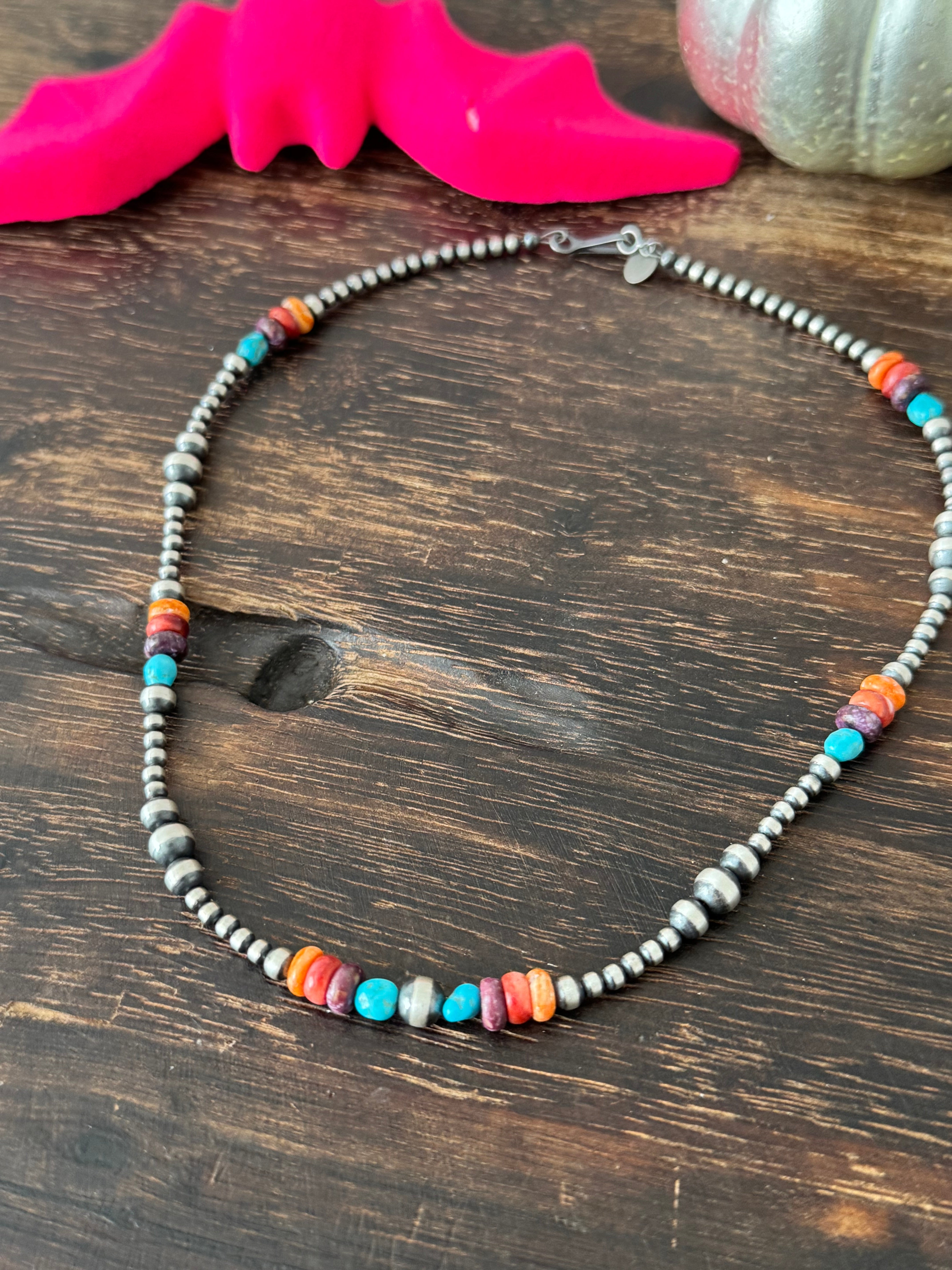 Navajo Strung Multi Stone & Sterling Silver Graduated Pearl Necklace