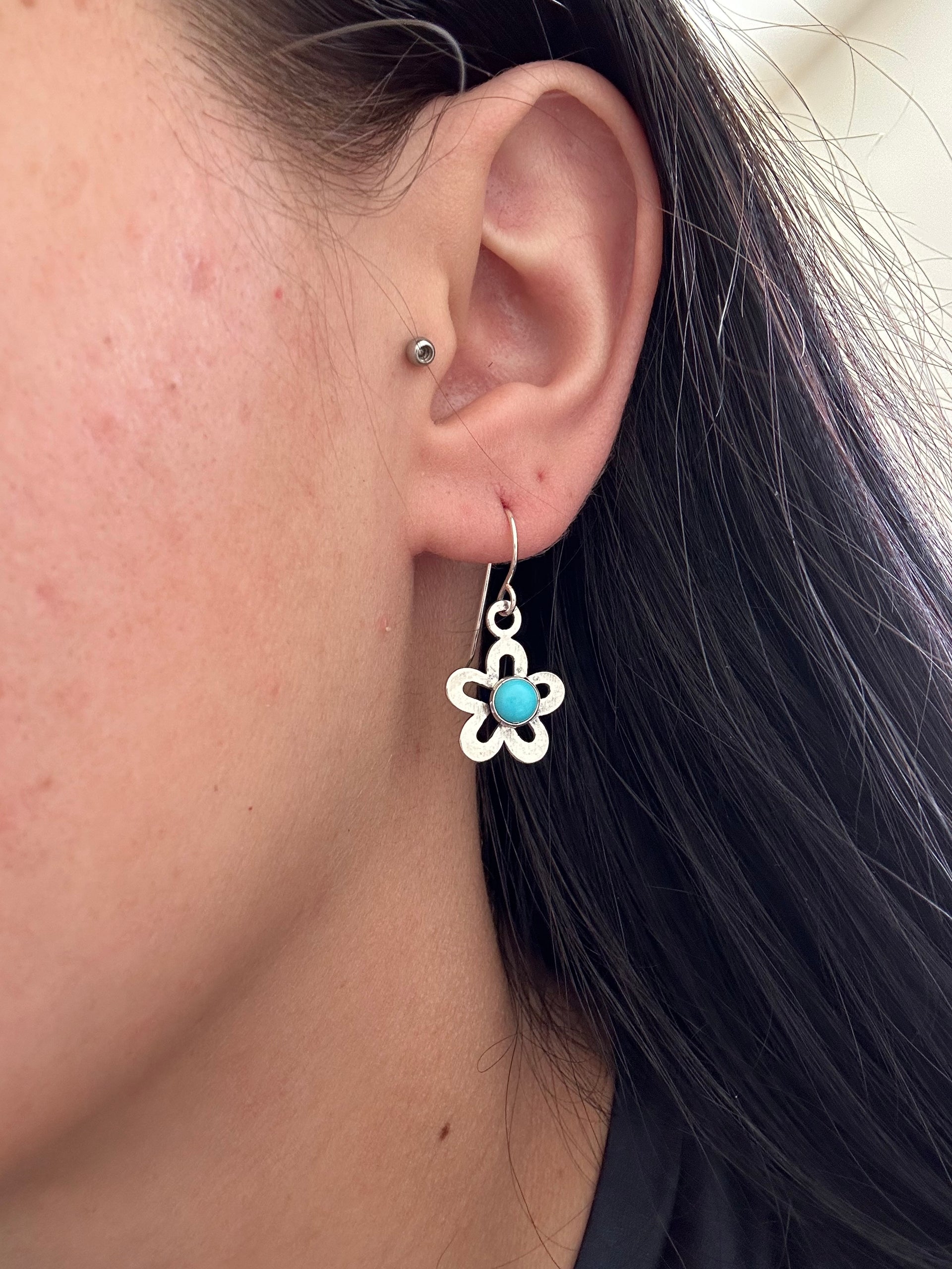 Harold Joe Turquoise & Sterling Silver Flower Dangle Earrings
