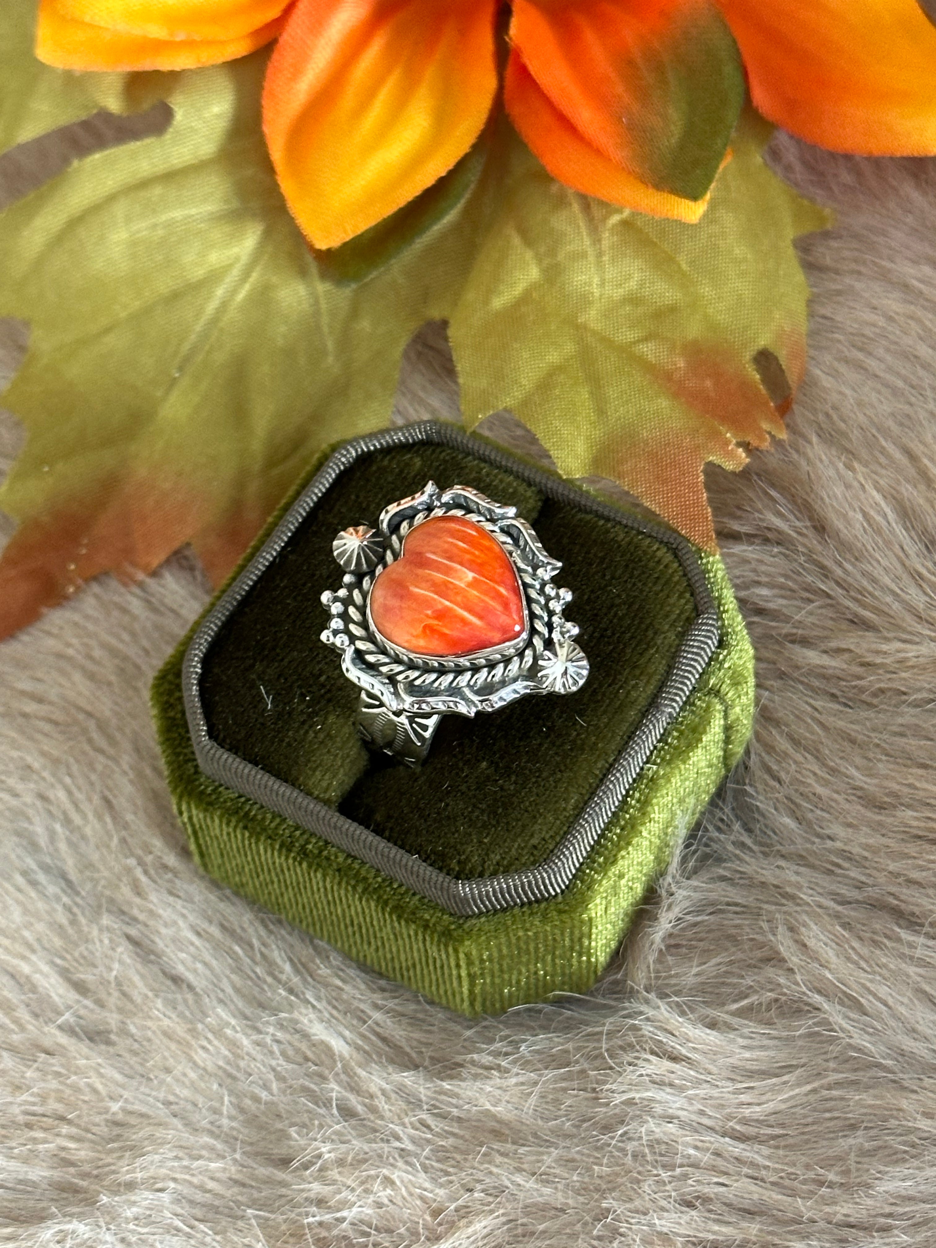 Southwest Handmade Spiny Oyster & Sterling Silver Adjustable Heart Ring