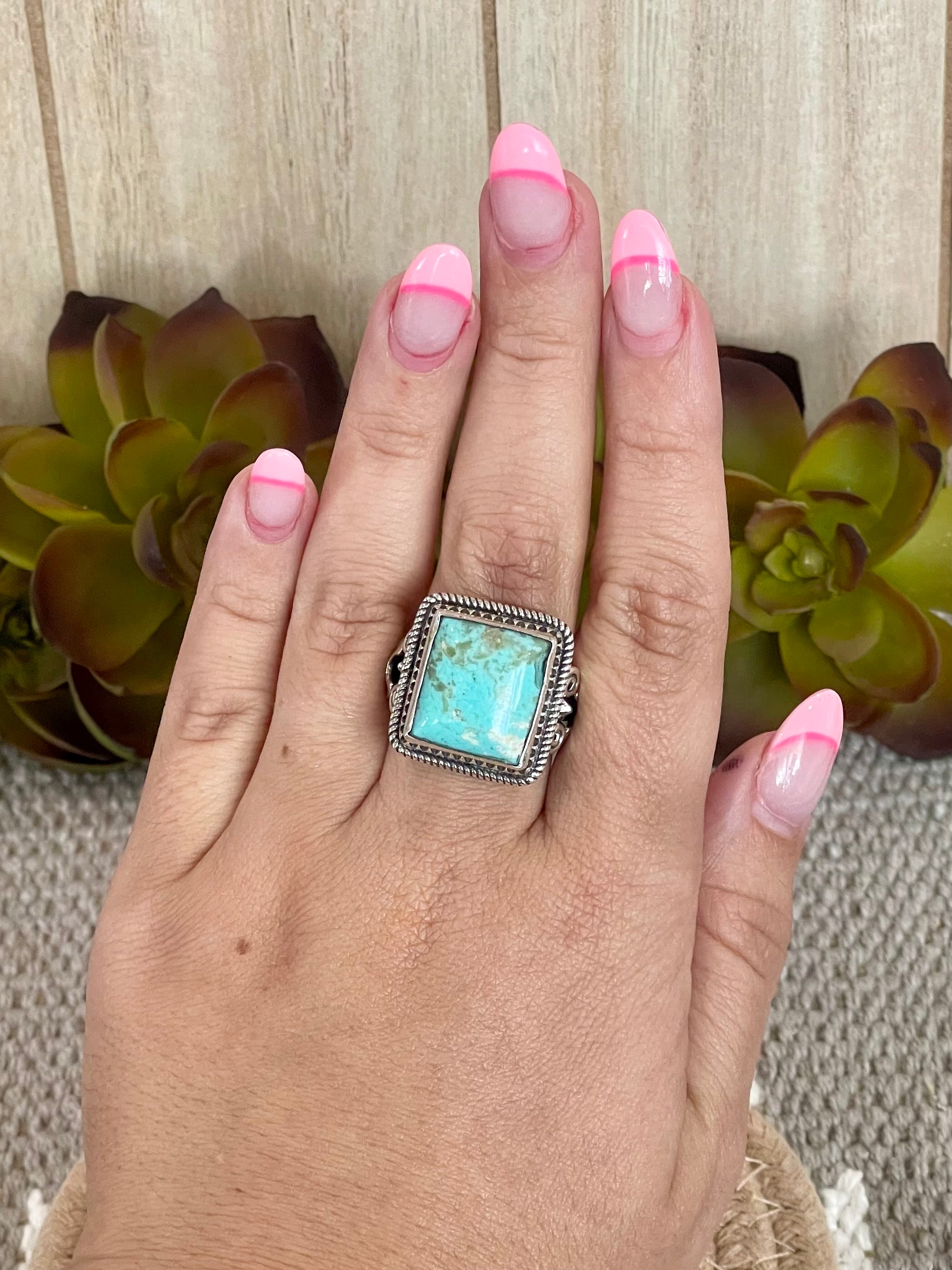 Southwest Handmade Kingman Turquoise & Sterling Silver Size 8 Square Ring