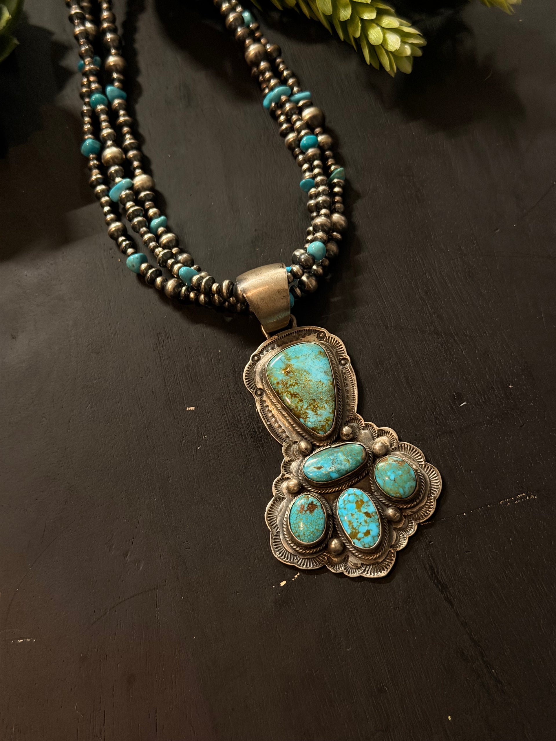 Bobby Johnson Kingman Turquoise & Sterling Silver Cluster Machine Made Pearl Necklace