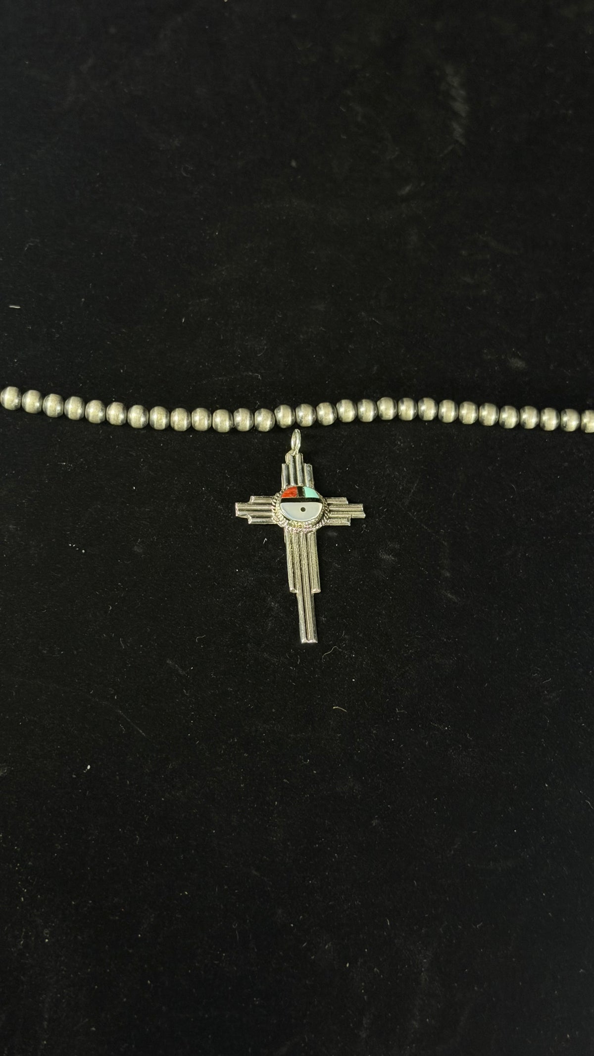 Cliff Cheama Multi Stone & Sterling Silver Inlay Sunface Cross Pendant