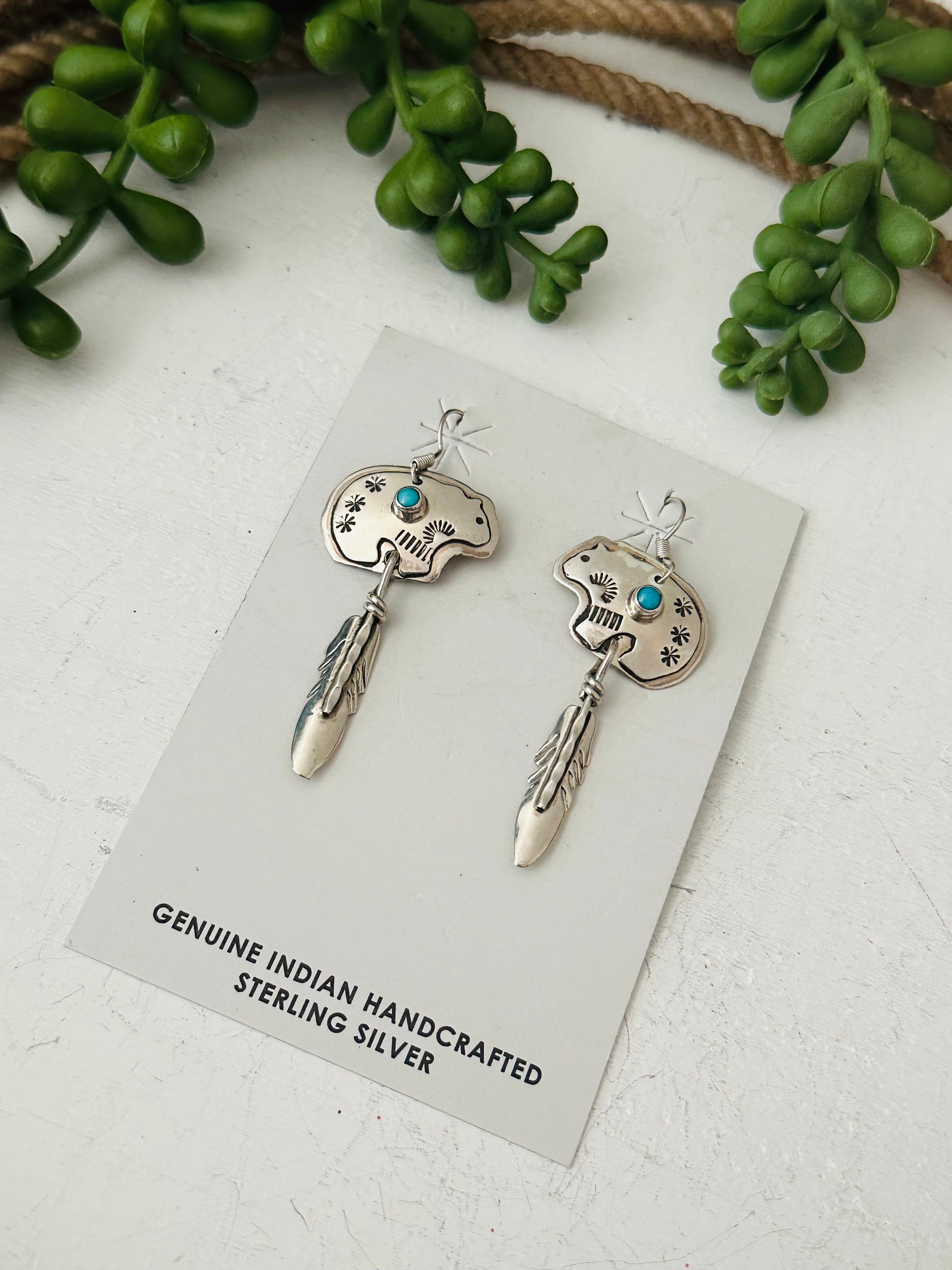 Navajo Made Kingman Turquoise & Sterling Silver Dangle Earrings