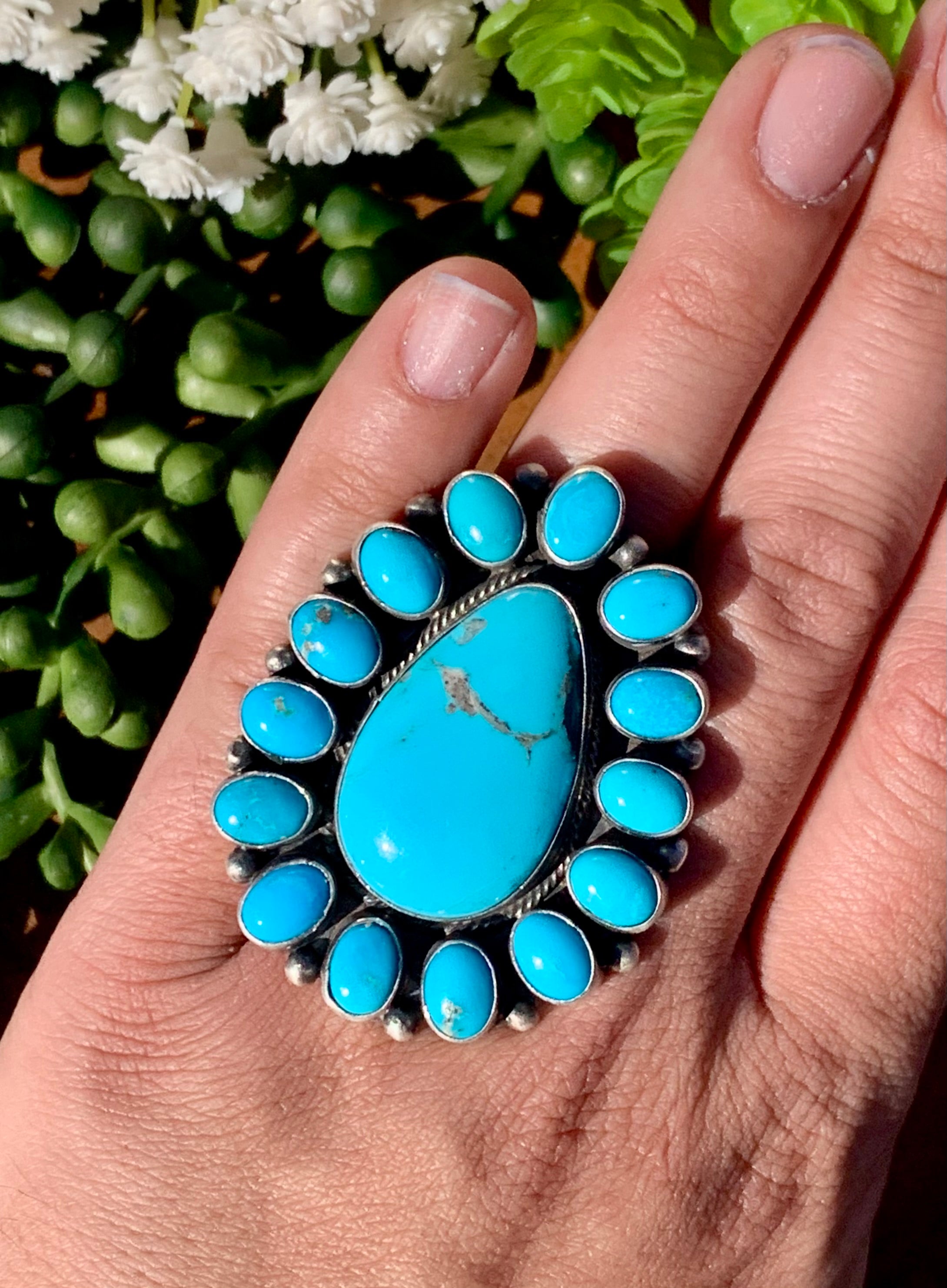 Travis J Navajo Made Kingman Turquoise & Sterling Silver Ring Size 10