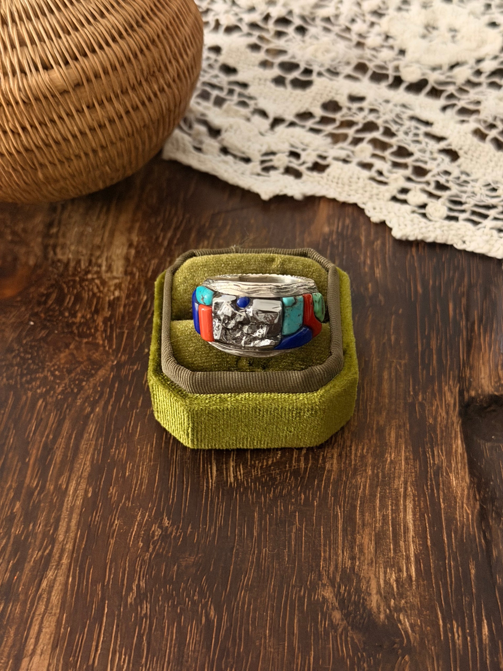 Alvin Yellowhorse High Grade Multi Stone & Meteorite & Sterling Silver Inlay Ring Size 11