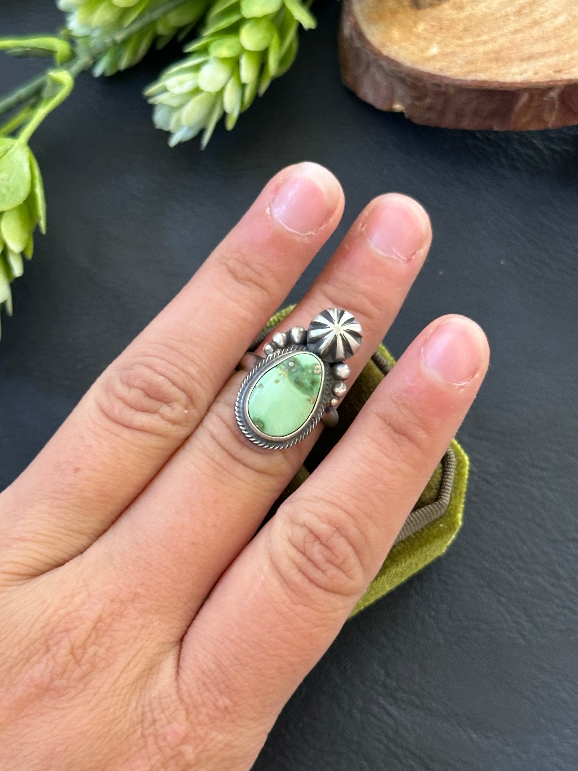 Marie Tsosie Sonoran Gold Turquoise & Sterling Silver Ring Size 5.25