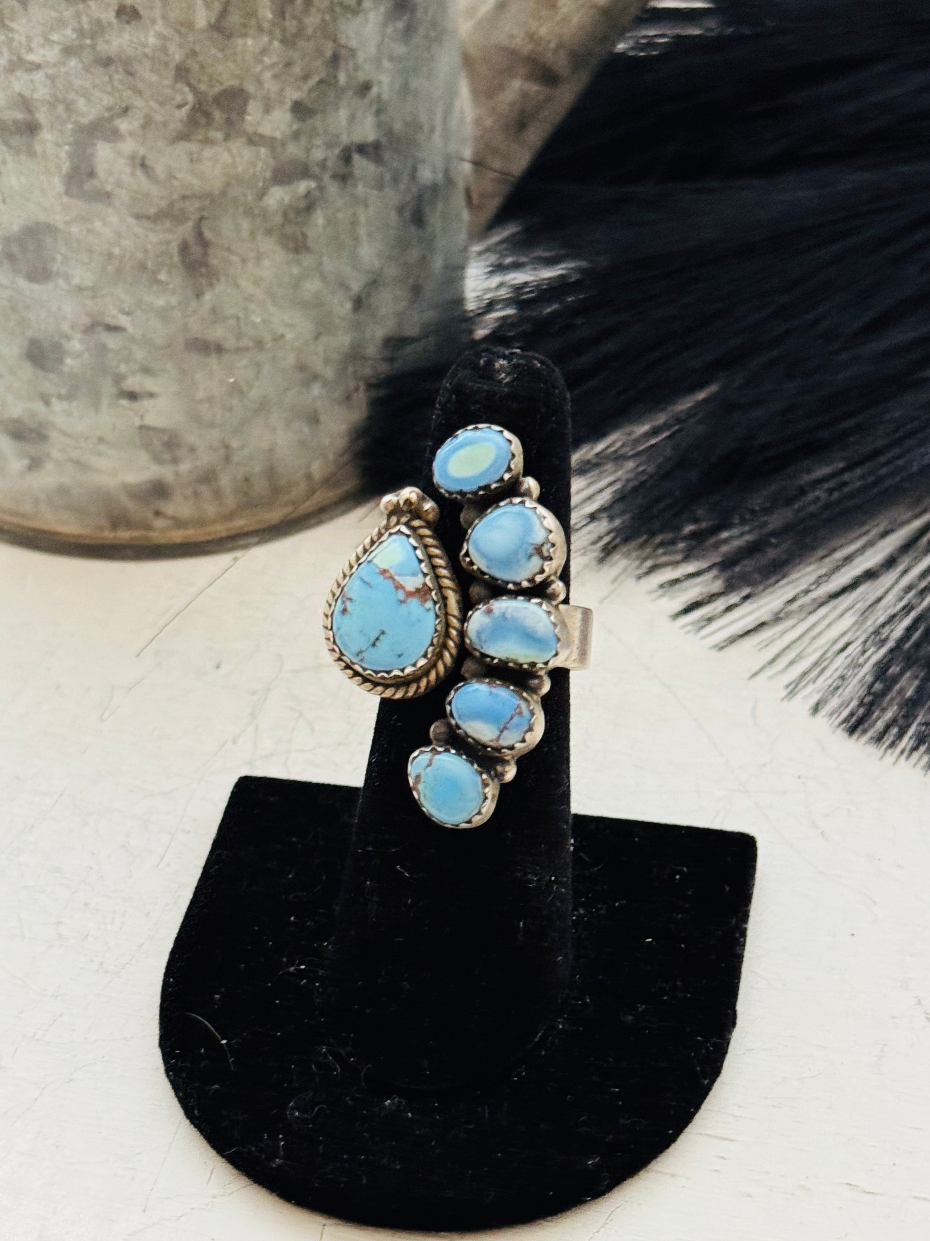 Southwest Handmade Golden Hills Turquoise & Sterling Silver Adjustable Cluster Ring