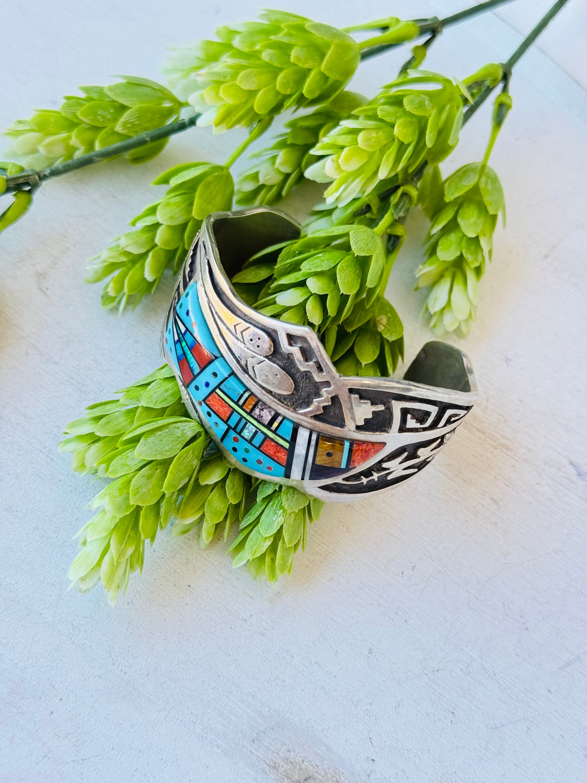 Vintage Calvin Begay Multi Stone & Sterling Silver Inlay Cuff Bracelet