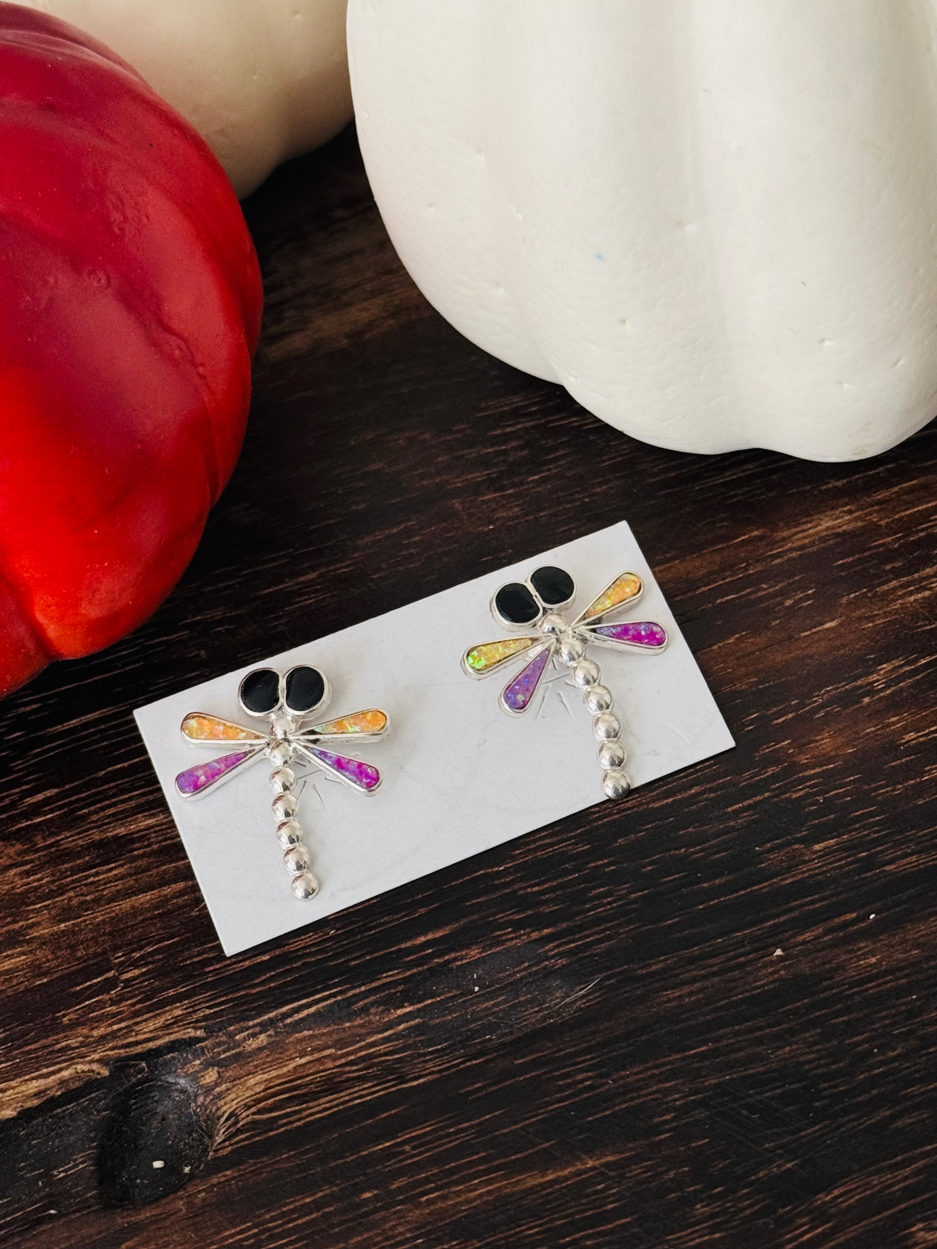 Zuni Made Multi Stone & Sterling Silver Inlay Post Dragonfly Earrings