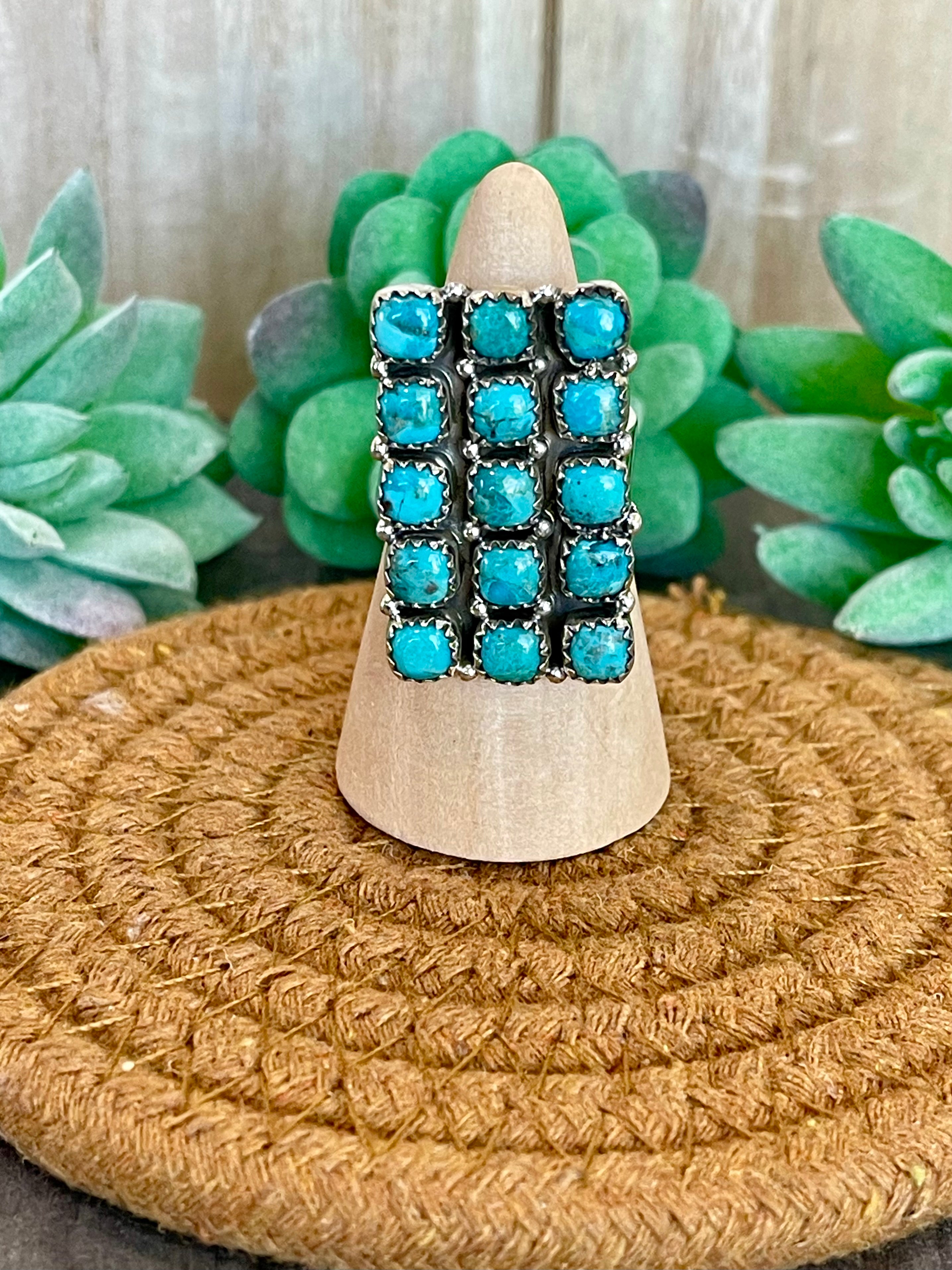 Southwest Handmade Kingman Turquoise & Sterling Silver Adjustable Cluster Ring