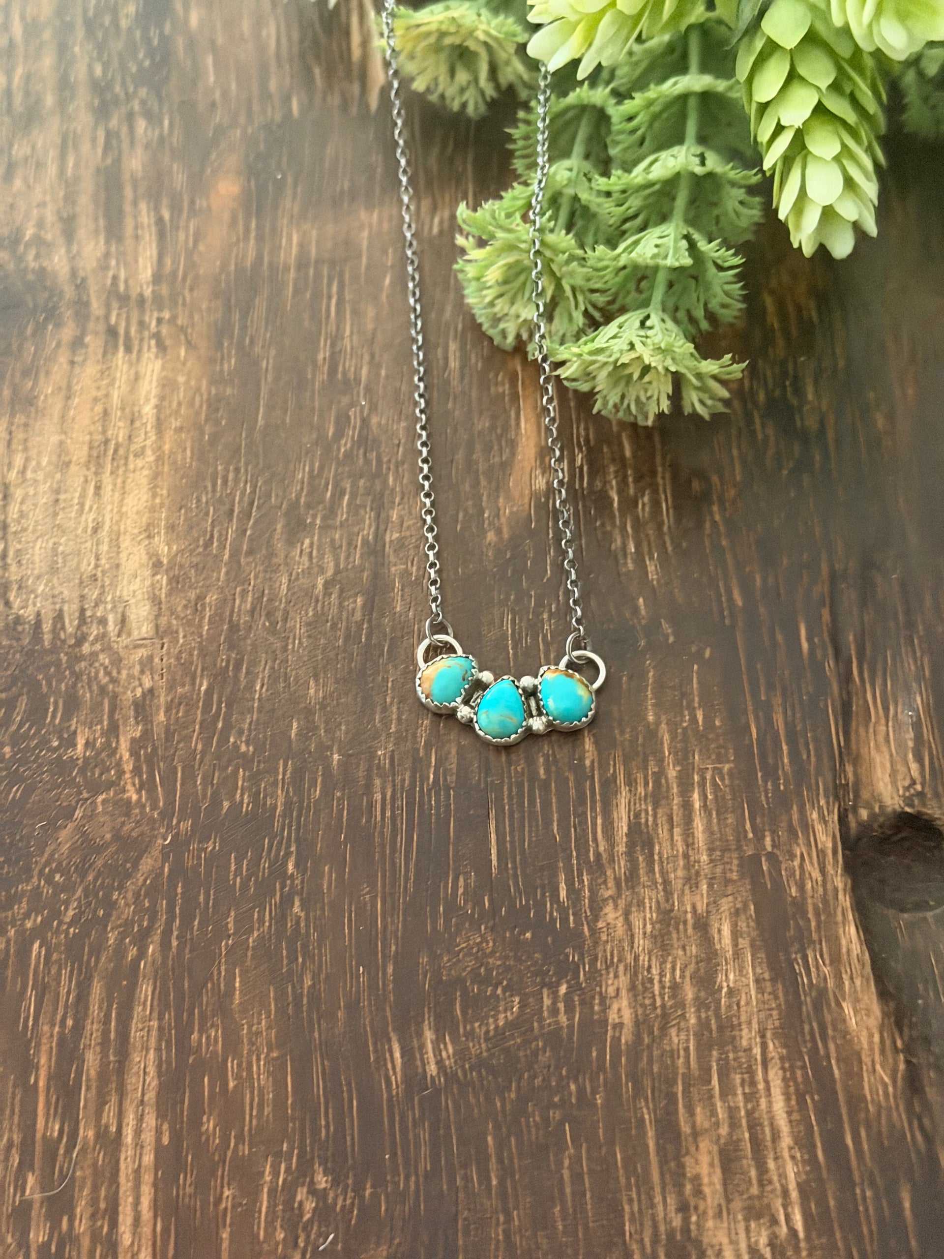 Navajo Made Kingman Turquoise & Sterling Silver Cluster Bar Necklace