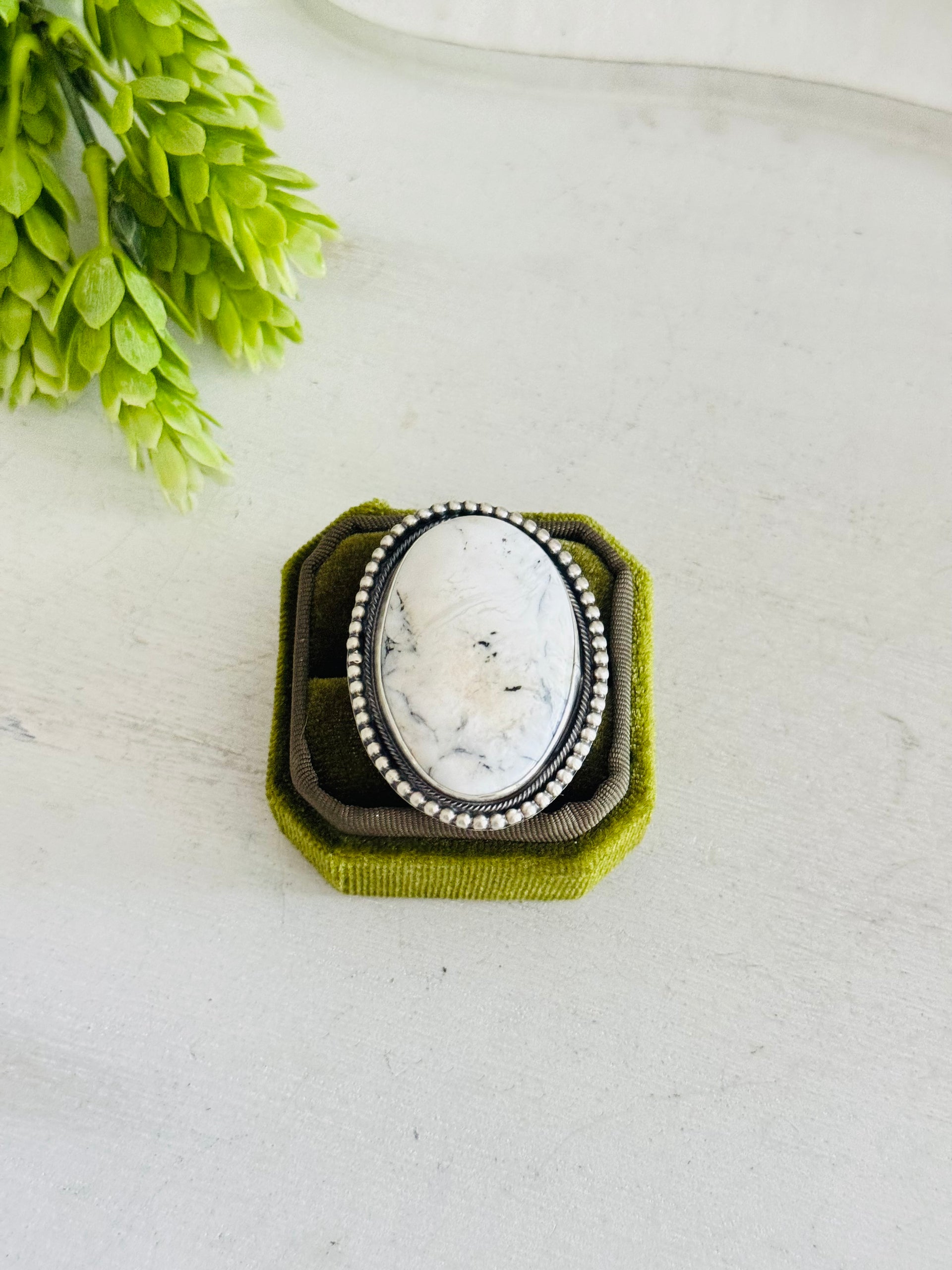 Navajo Made White Buffalo & Sterling Silver Adjustable Ring
