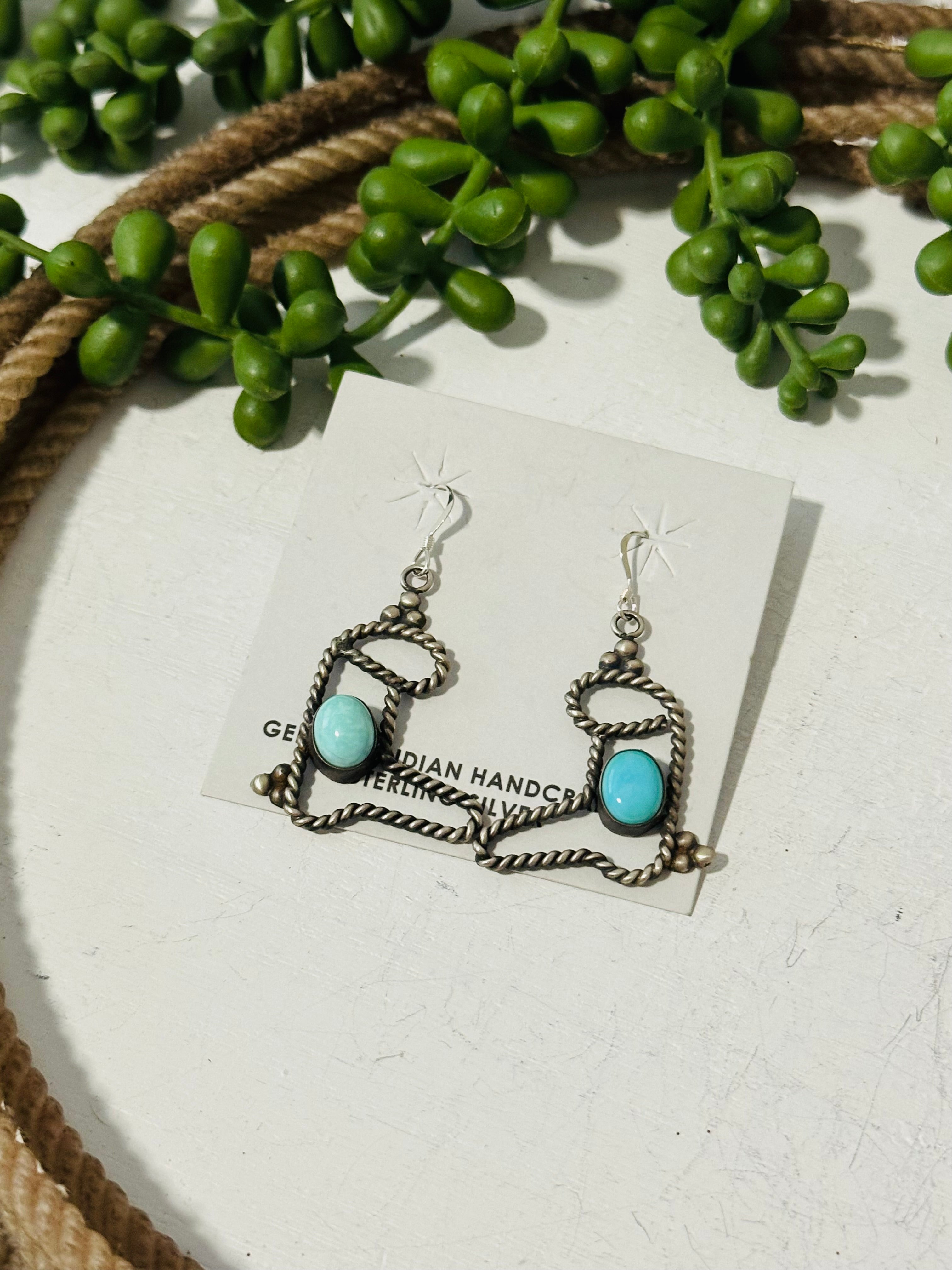 Navajo Made Kingman Turquoise & Sterling Silver Boot Dangle Earrings