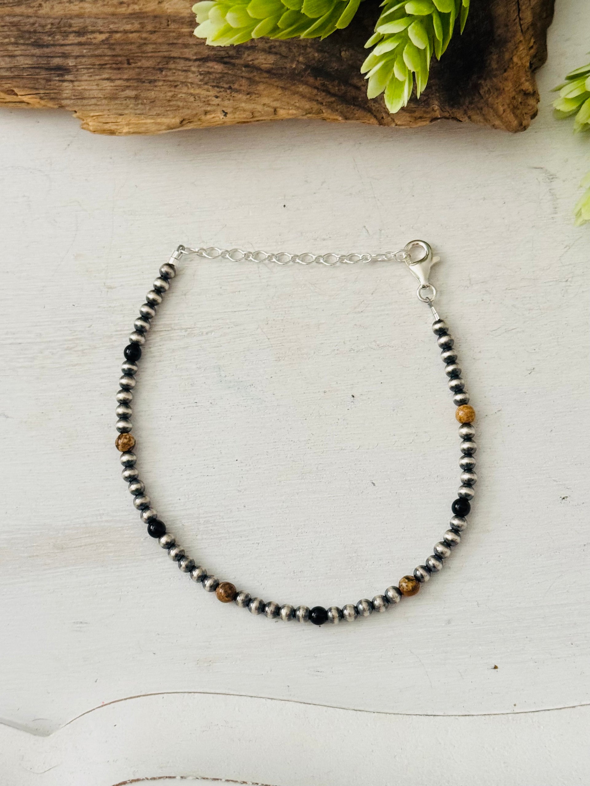 Navajo Made Multi Stone & Sterling Silver Strung Anklet