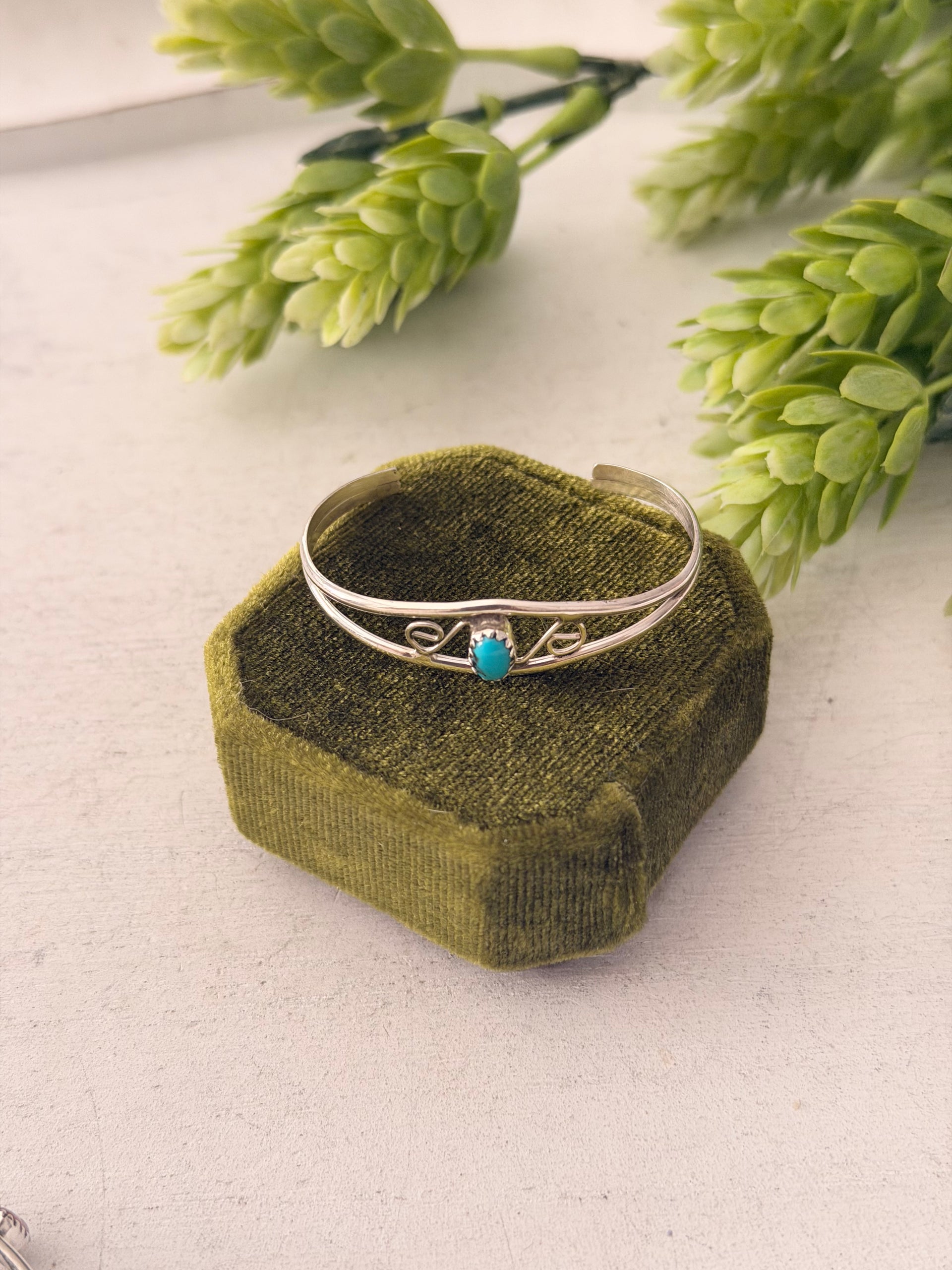Navajo Made Kingman Turquoise & Sterling Silver Baby Cuff Bracelet