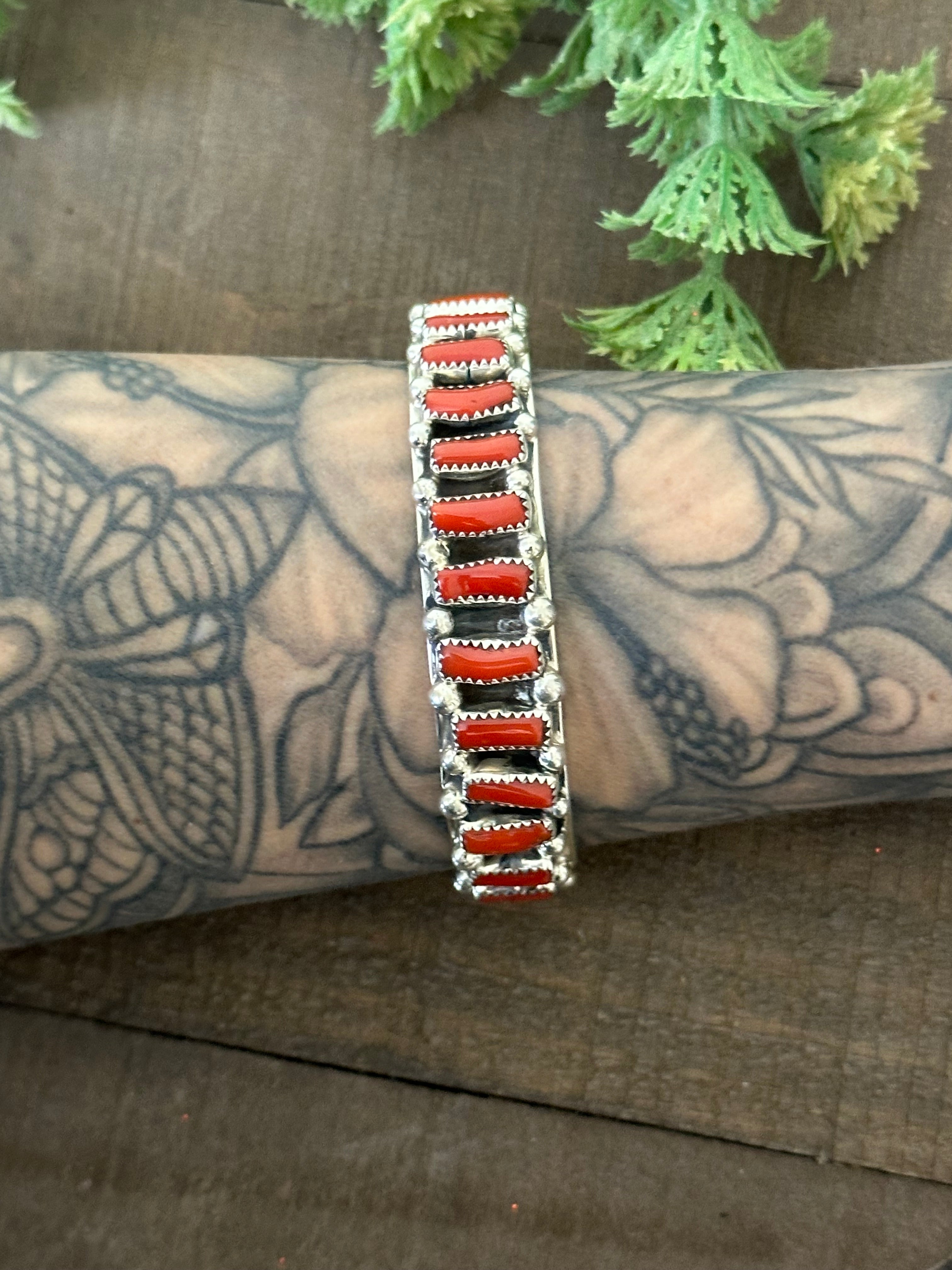 Darlene Begay Red Coral & Sterling Silver Cuff Bracelet