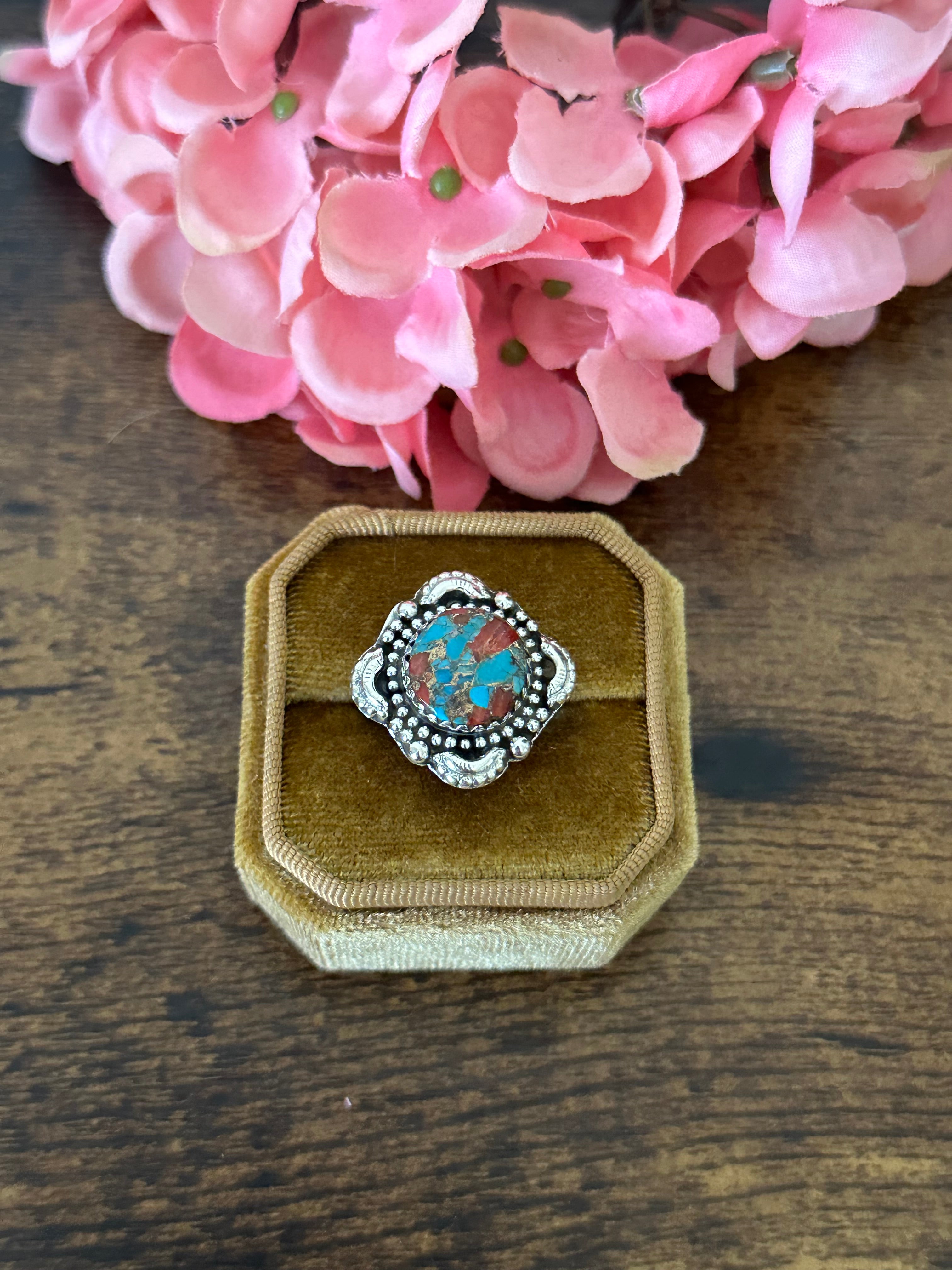 Southwest Handmade Red Mohave Turquoise & Sterling Silver Ring Size 6.5