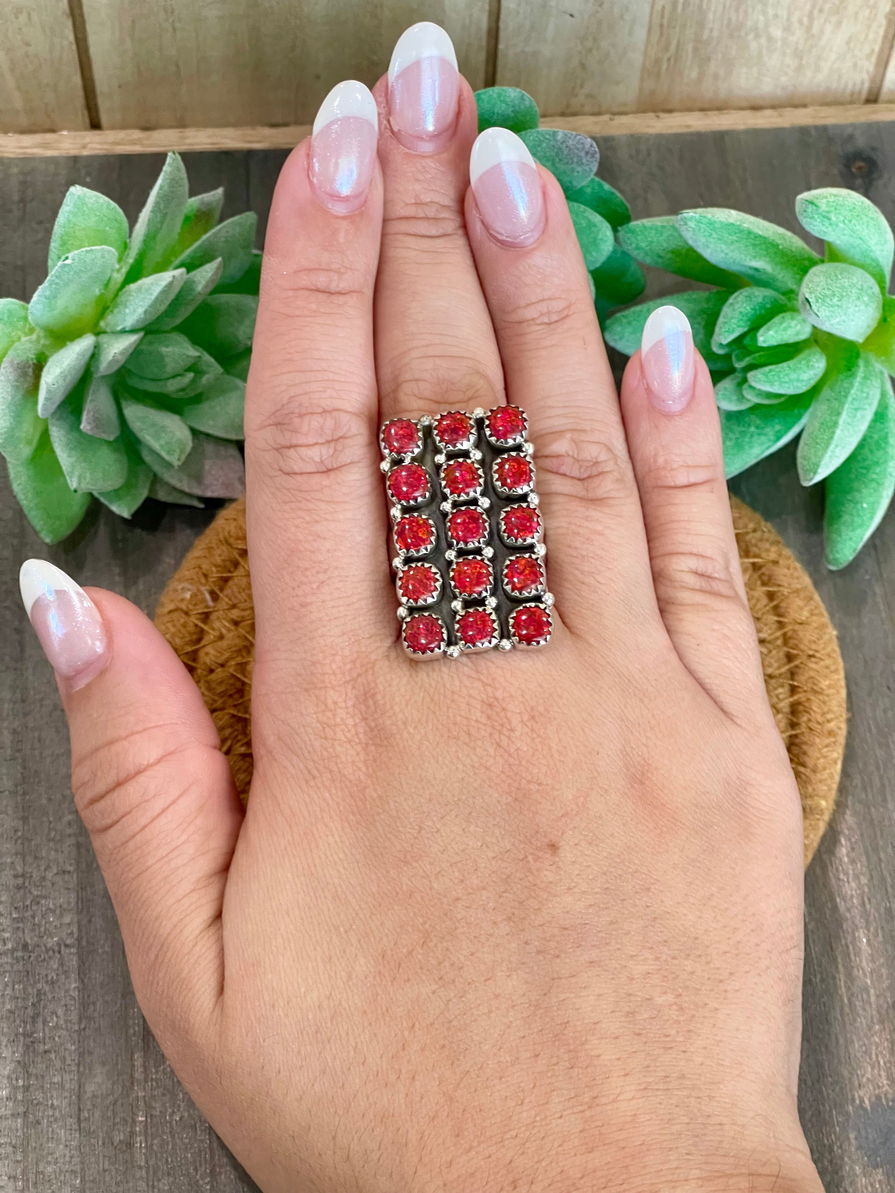 Southwest Handmade Red Opal & Sterling Silver Adjustable Cluster Ring