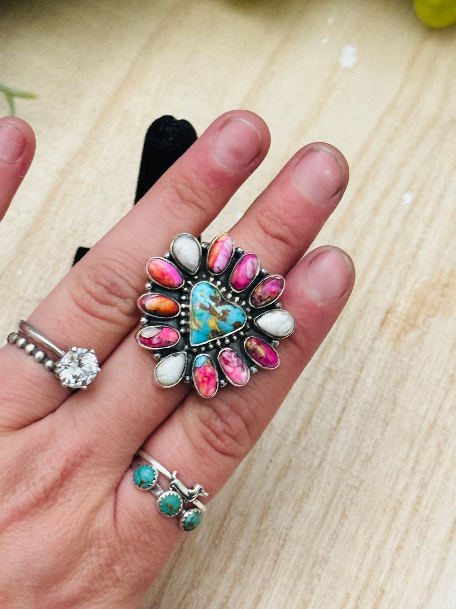 Southwest Handmade Multi Stone & Sterling Silver Adjustable Cluster Ring