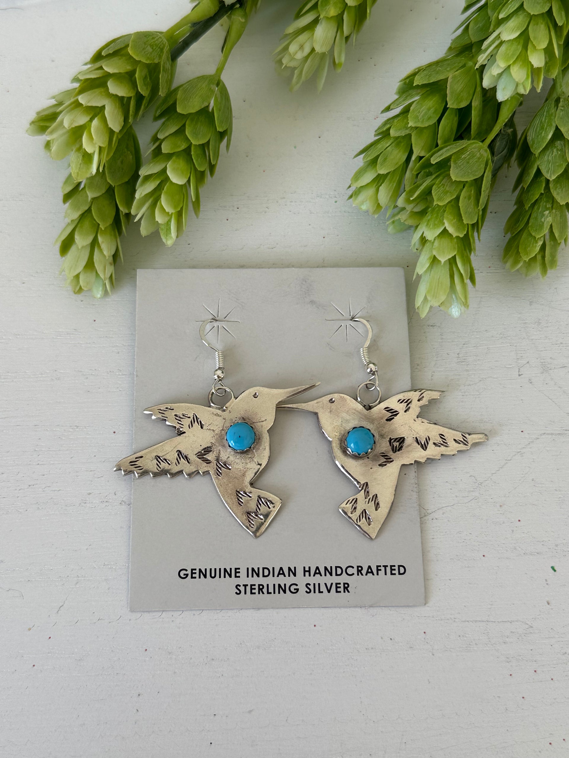 Tonya Yazzie Kingman Turquoise & Sterling Silver Hummingbird Dangle Earrings