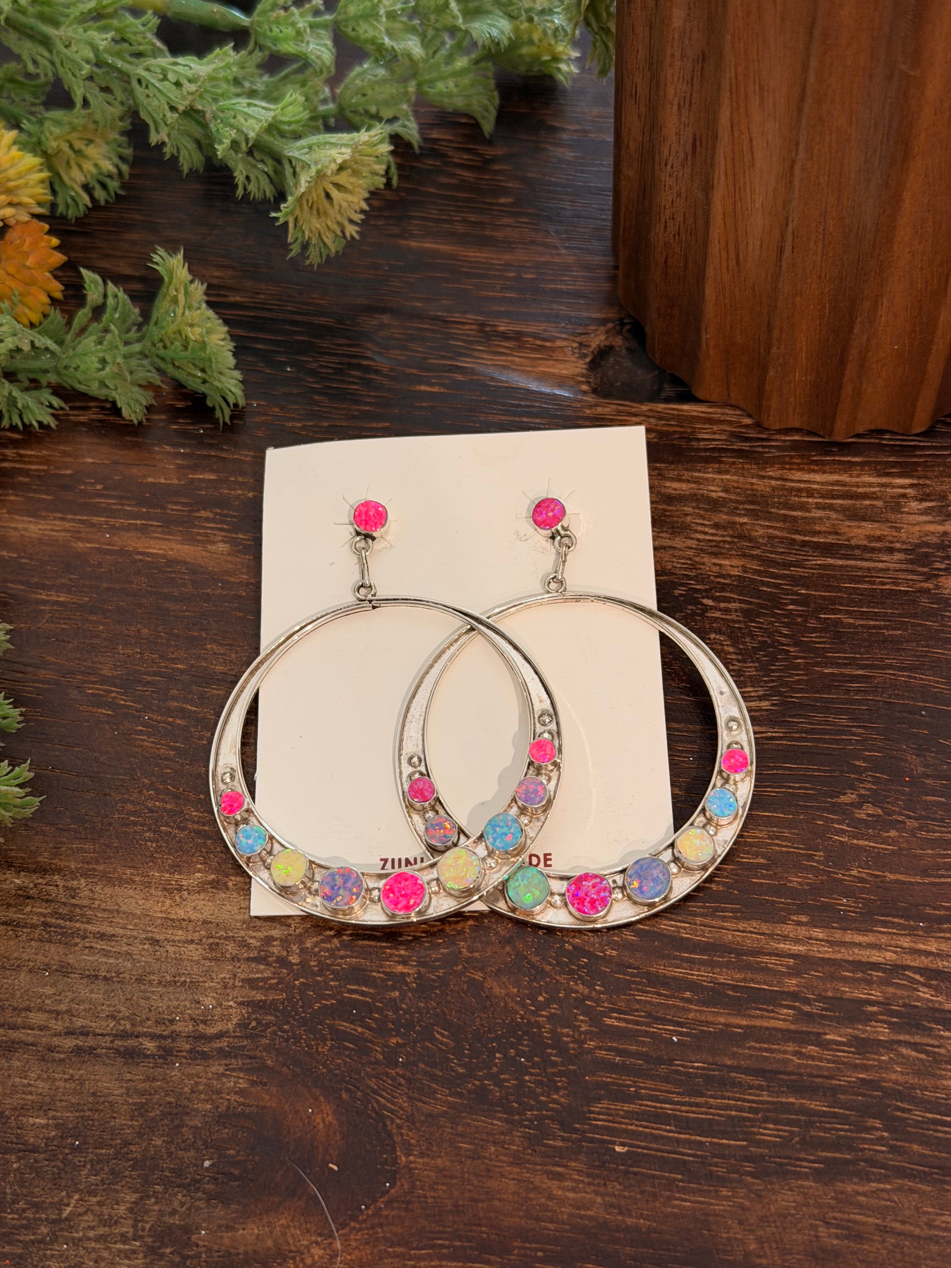 Zuni Made Opal (Man Made) & Sterling Silver Post Dangle Earrings