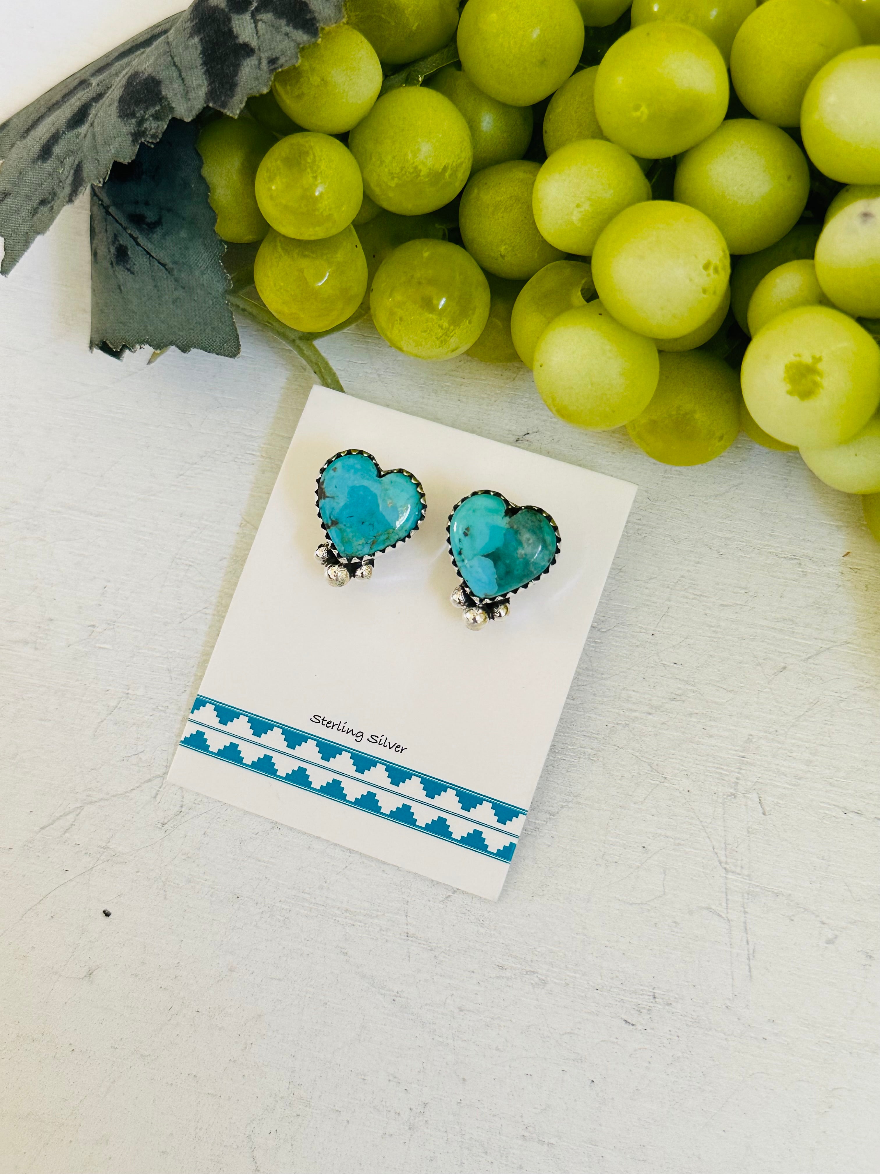 TTD “ dainty” Kingman Turquoise & Sterling Silver Post Heart Earrings