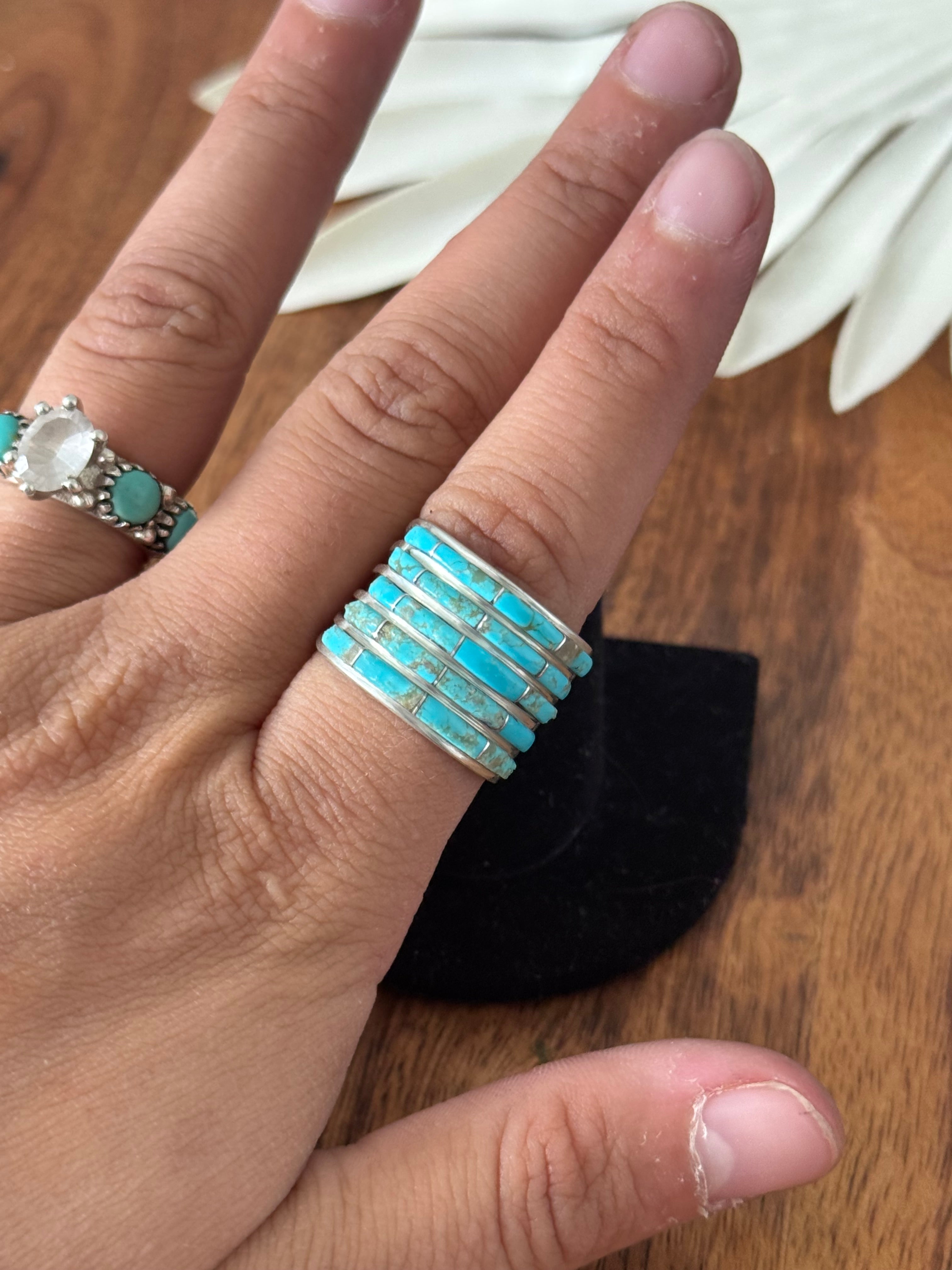 Navajo Made Kingman Turquoise & Sterling Silver Inlay Ring