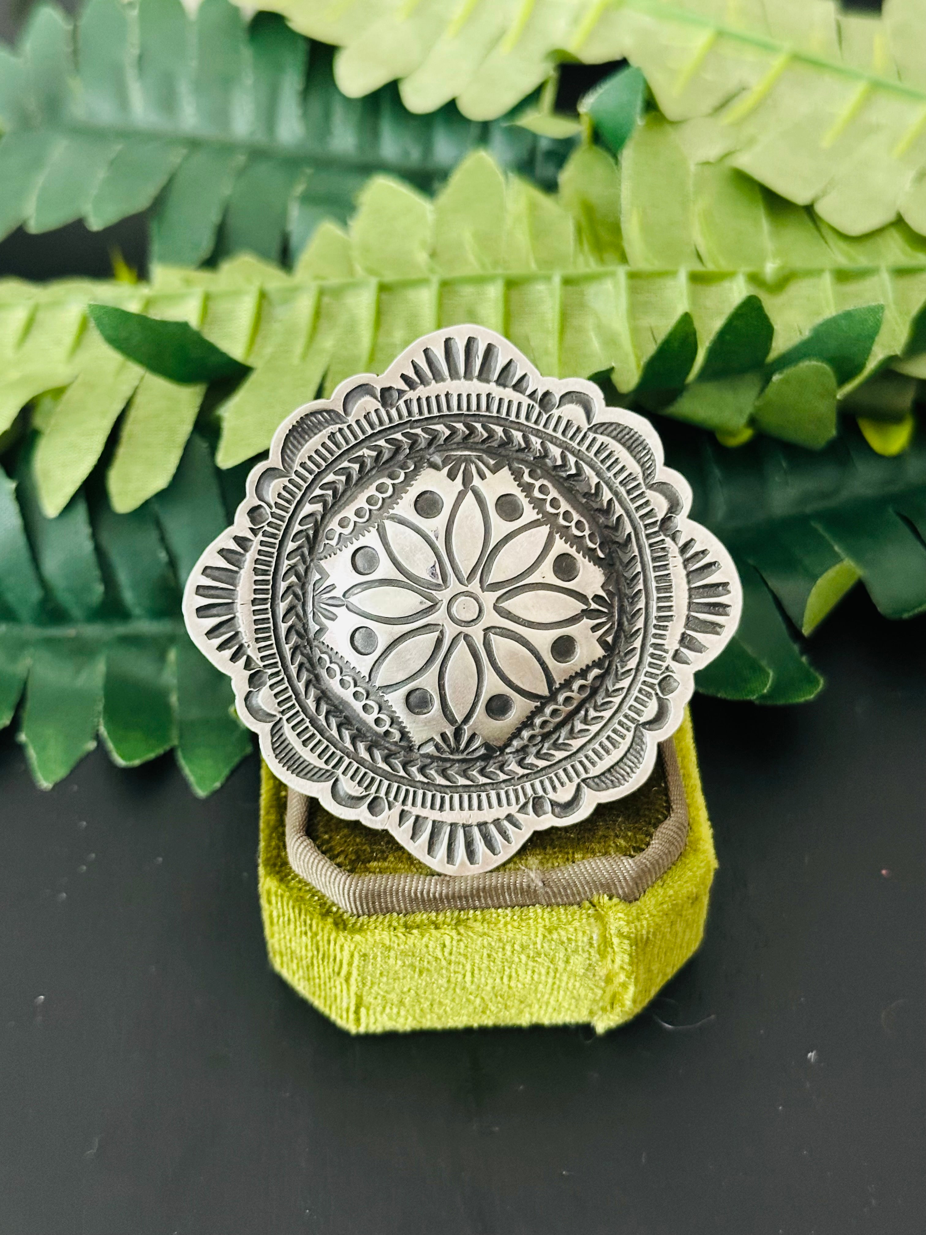 Leander Tahe Sterling Silver Concho Adjustable Ring