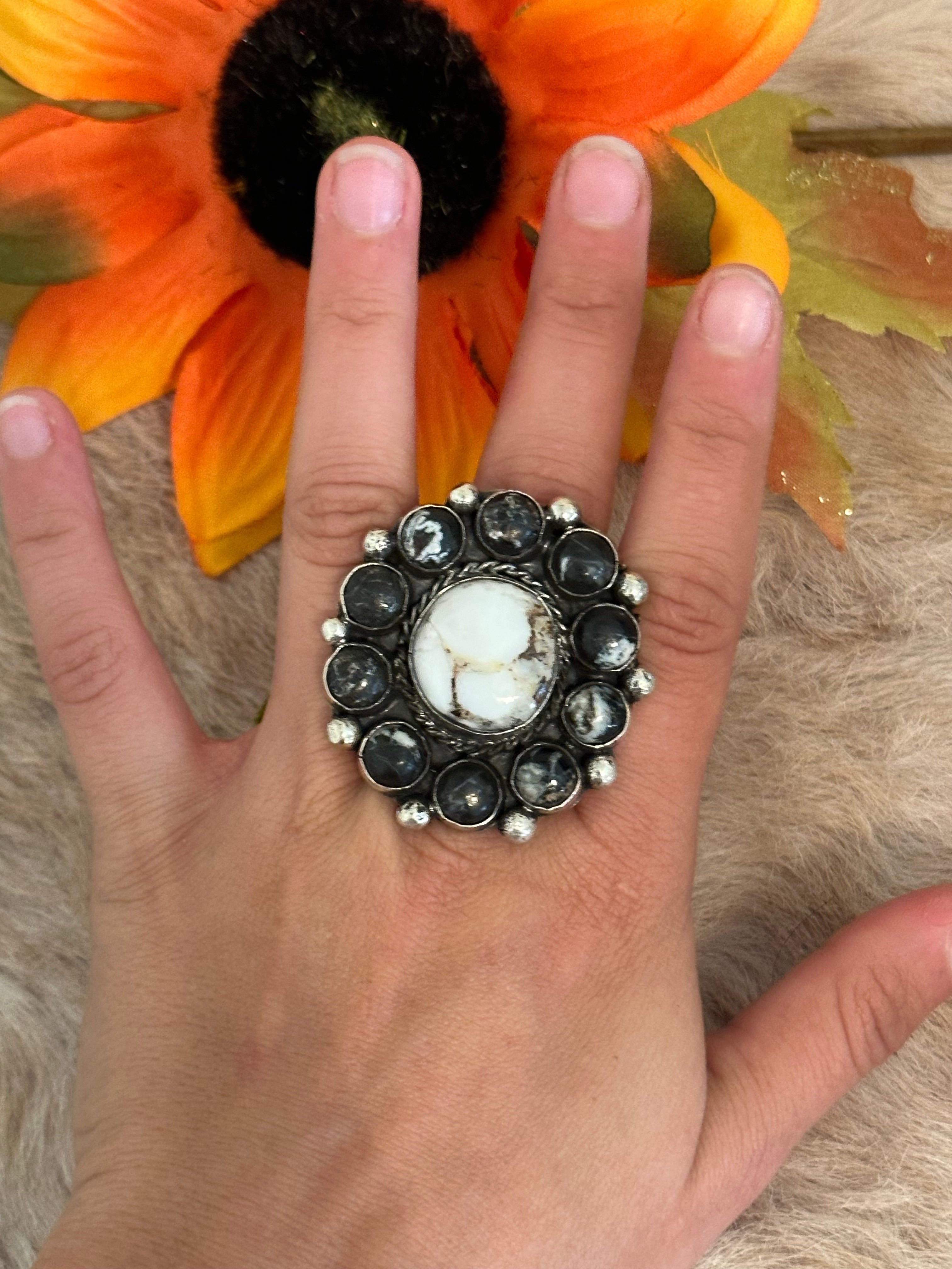 Navajo Handmade White Buffalo & Sterling Silver Adjustable Cluster Ring