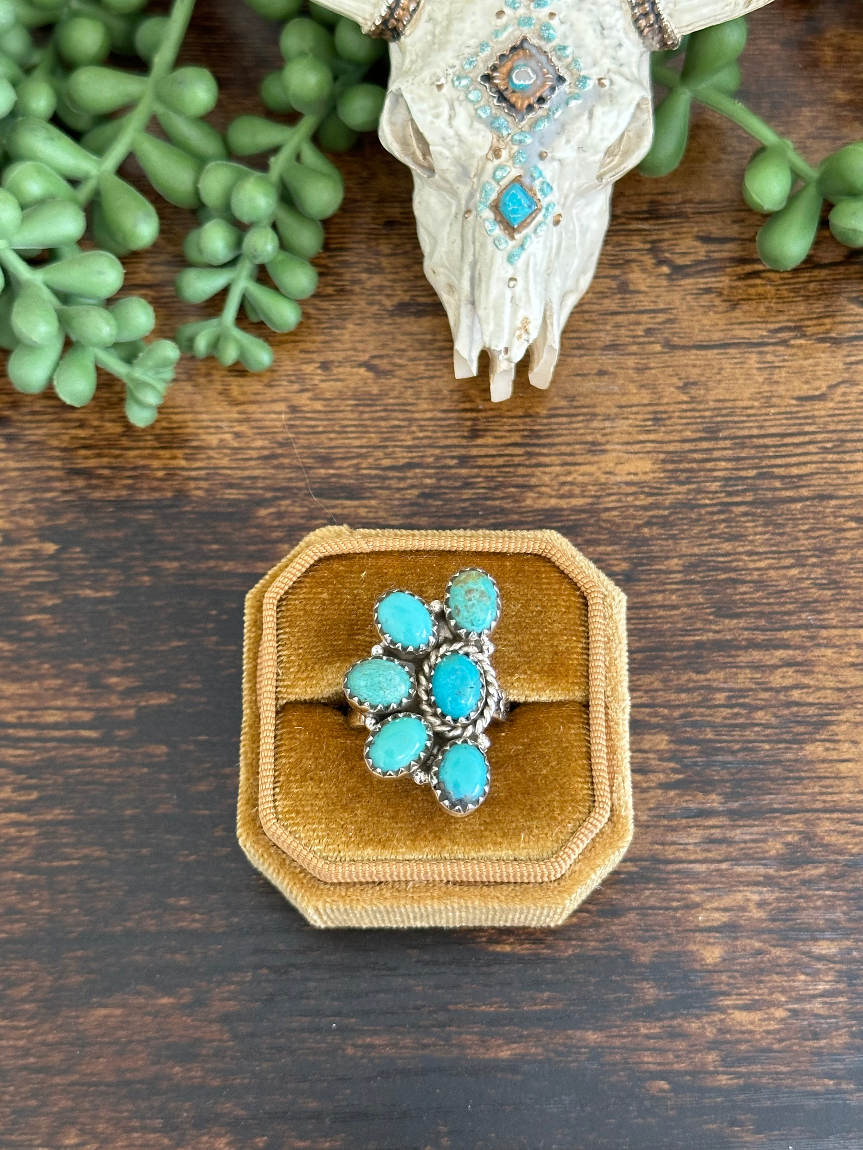 Southwest Handmade Kingman Turquoise & Sterling Silver Adjustable Cluster Ring