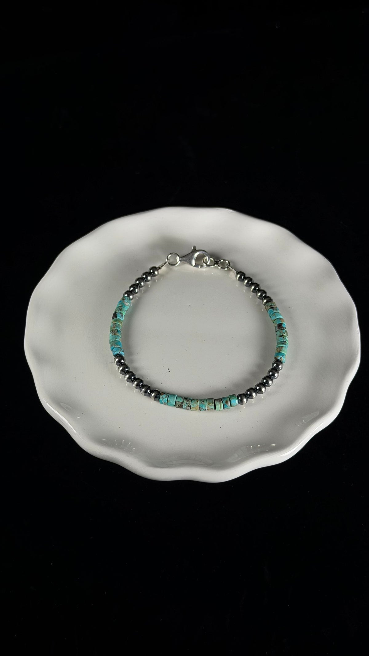 Navajo Made Strung Heshi Turquoise & Sterling Silver Machine Made Beaded Bracelet