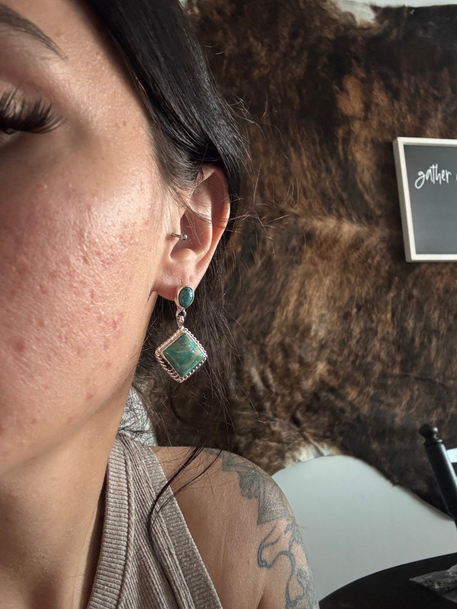 Navajo Made Kingman Turquoise & Sterling Silver Post Dangle Earrings