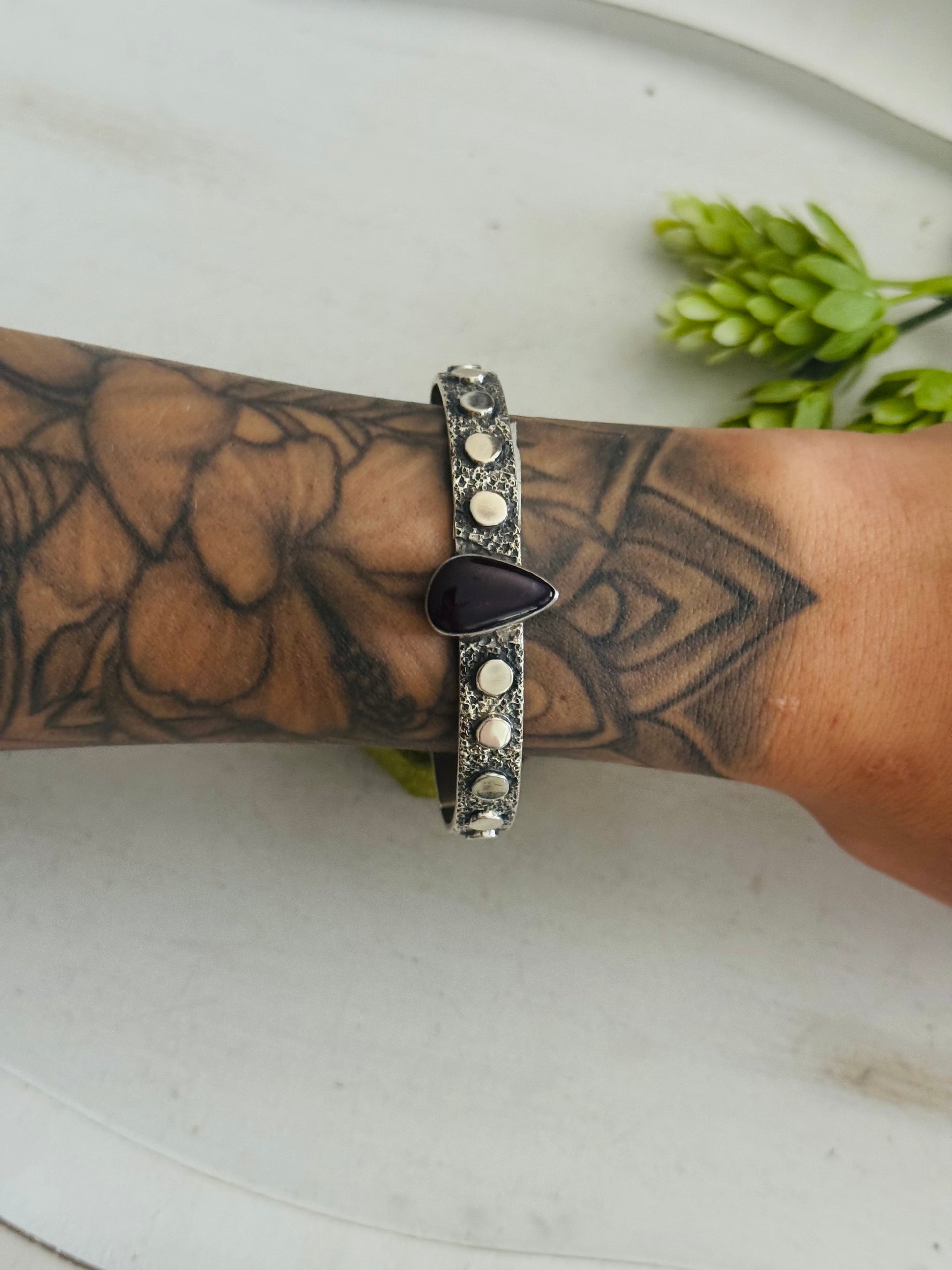 David Benally Sugilite & Sterling Silver Cluster Tufa Cast Cuff Bracelet