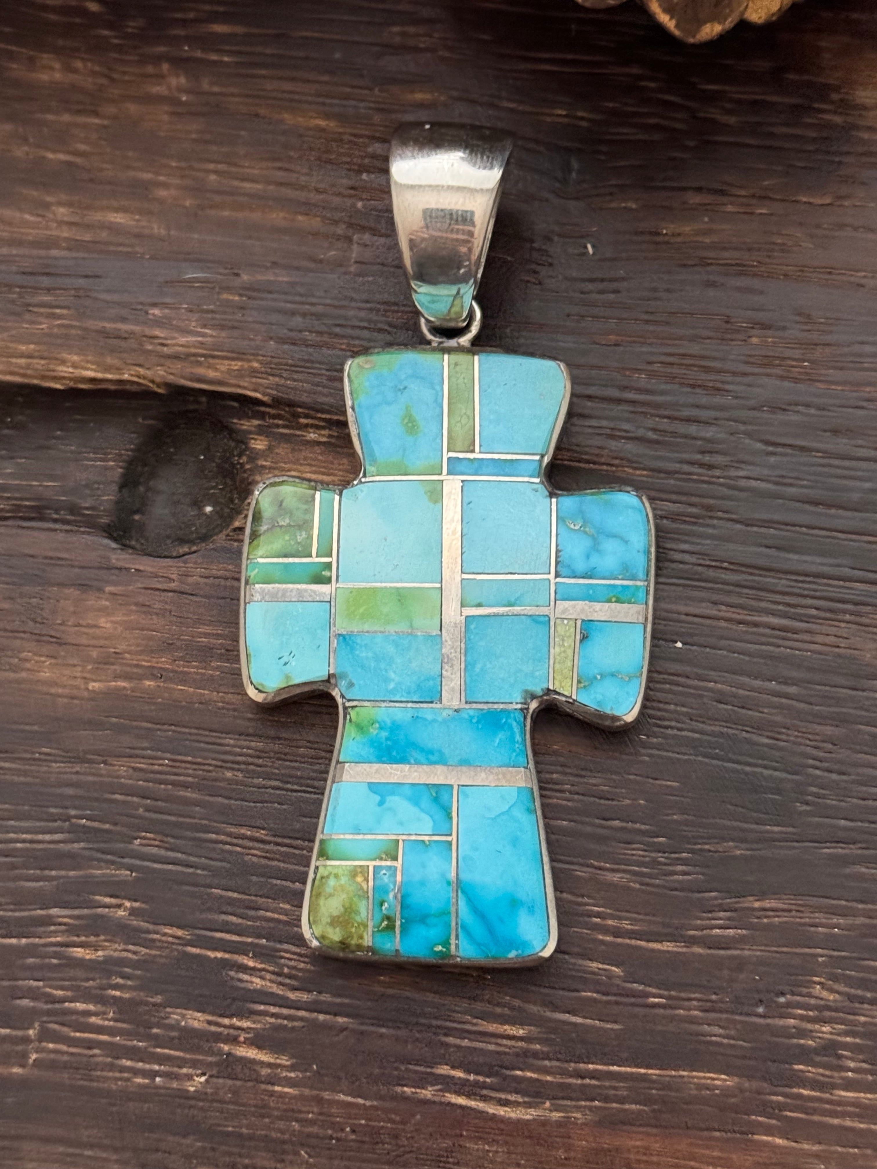 Navajo Made Multi Turquoise & Sterling Silver Cross Inlay Pendant