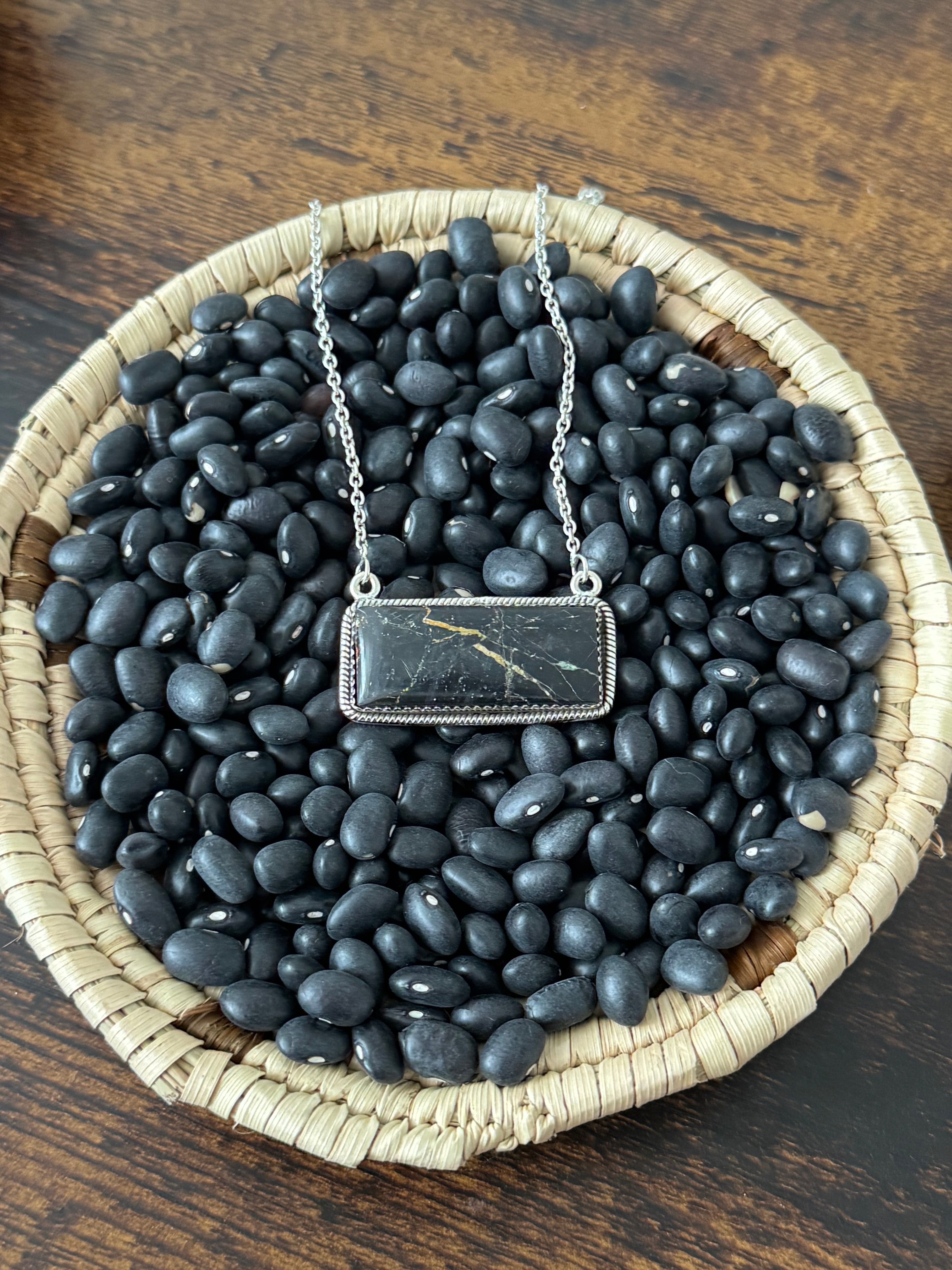 Southwest Handmade Black Jack Turquoise & Sterling Silver Bar Necklace