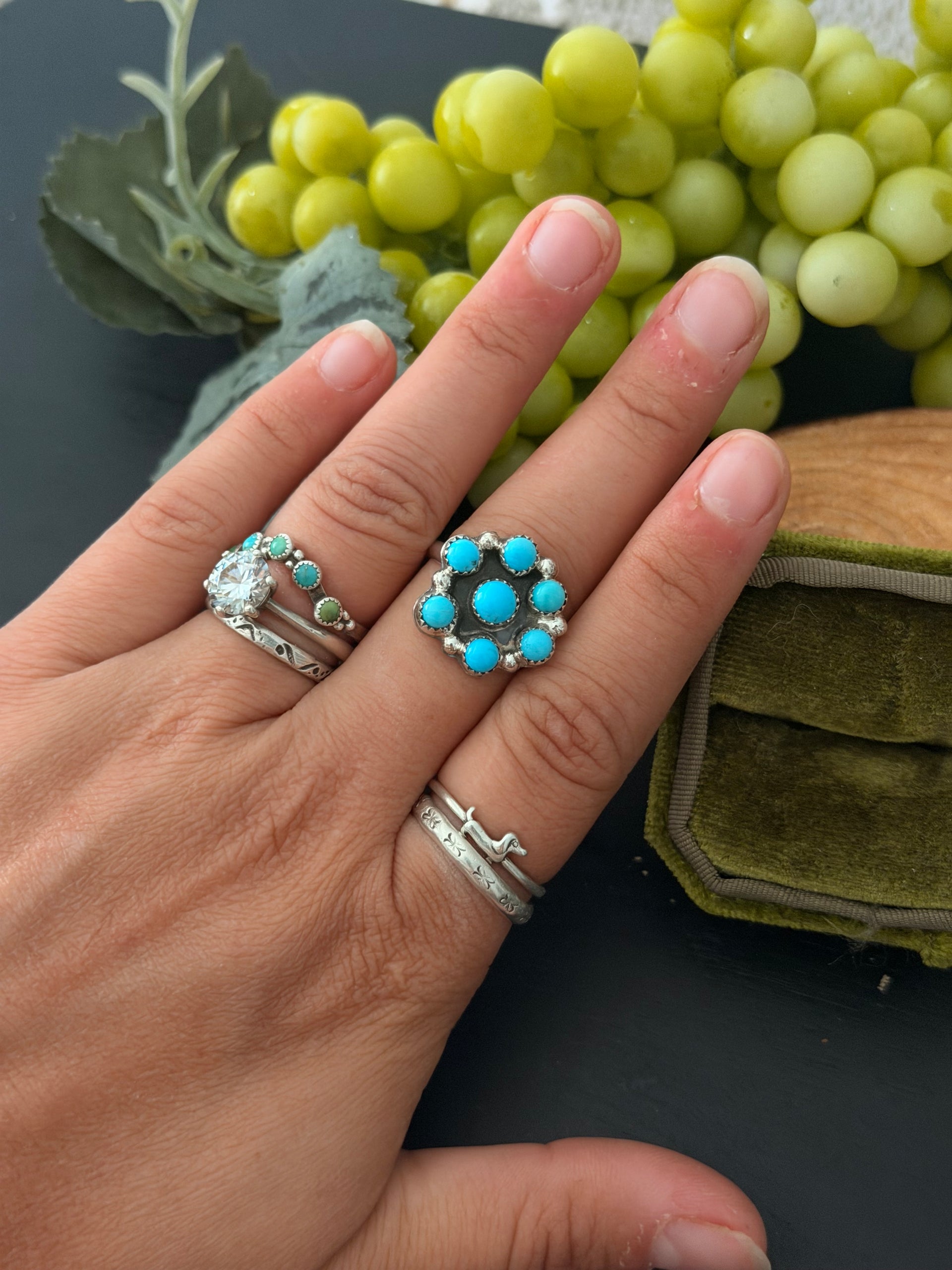 Navajo Made Kingman Turquoise & Sterling Silver Cluster Ring