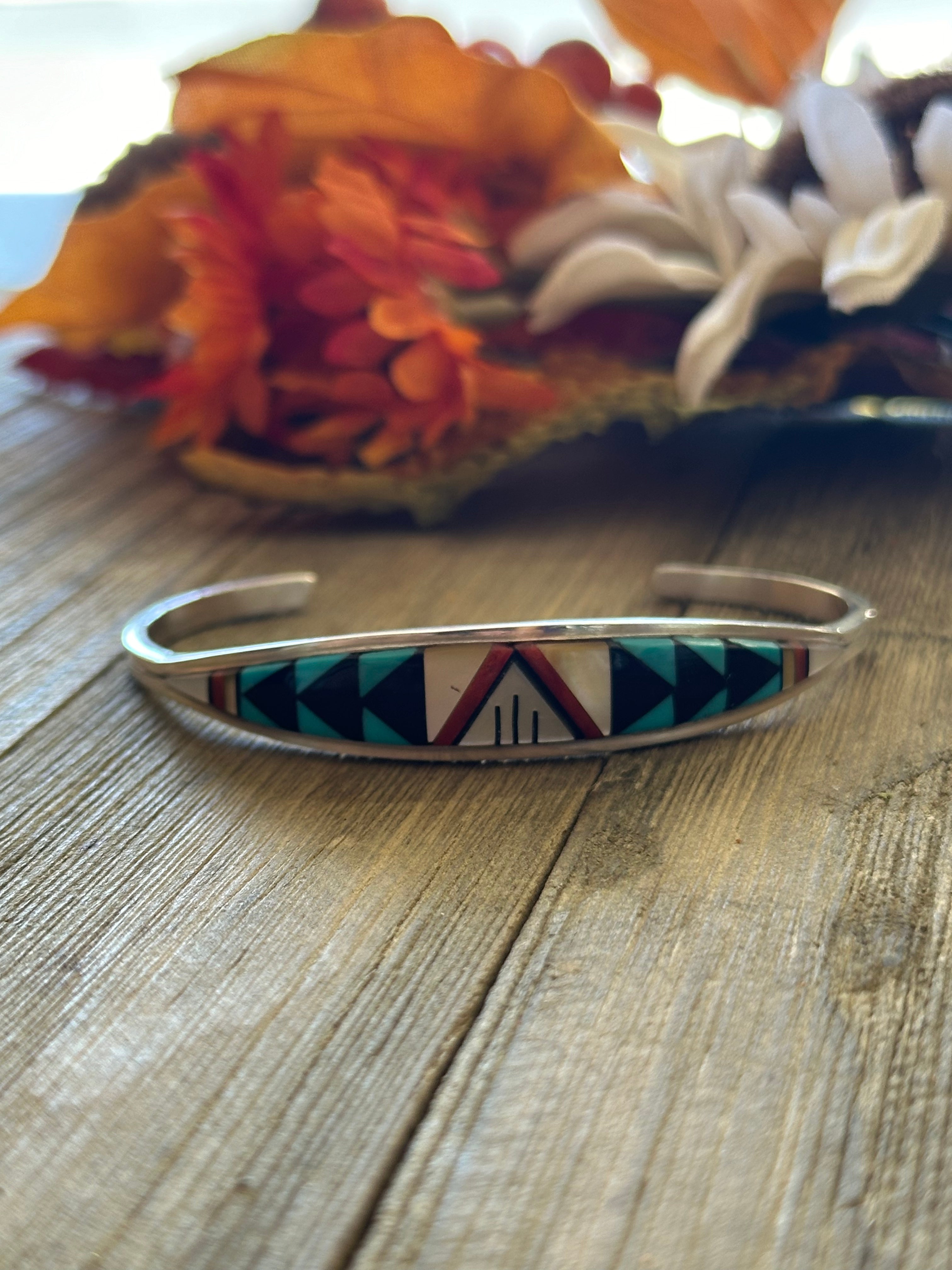 Zuni Made Multi Stone & Sterling Silver Inlay Cuff Bracelet