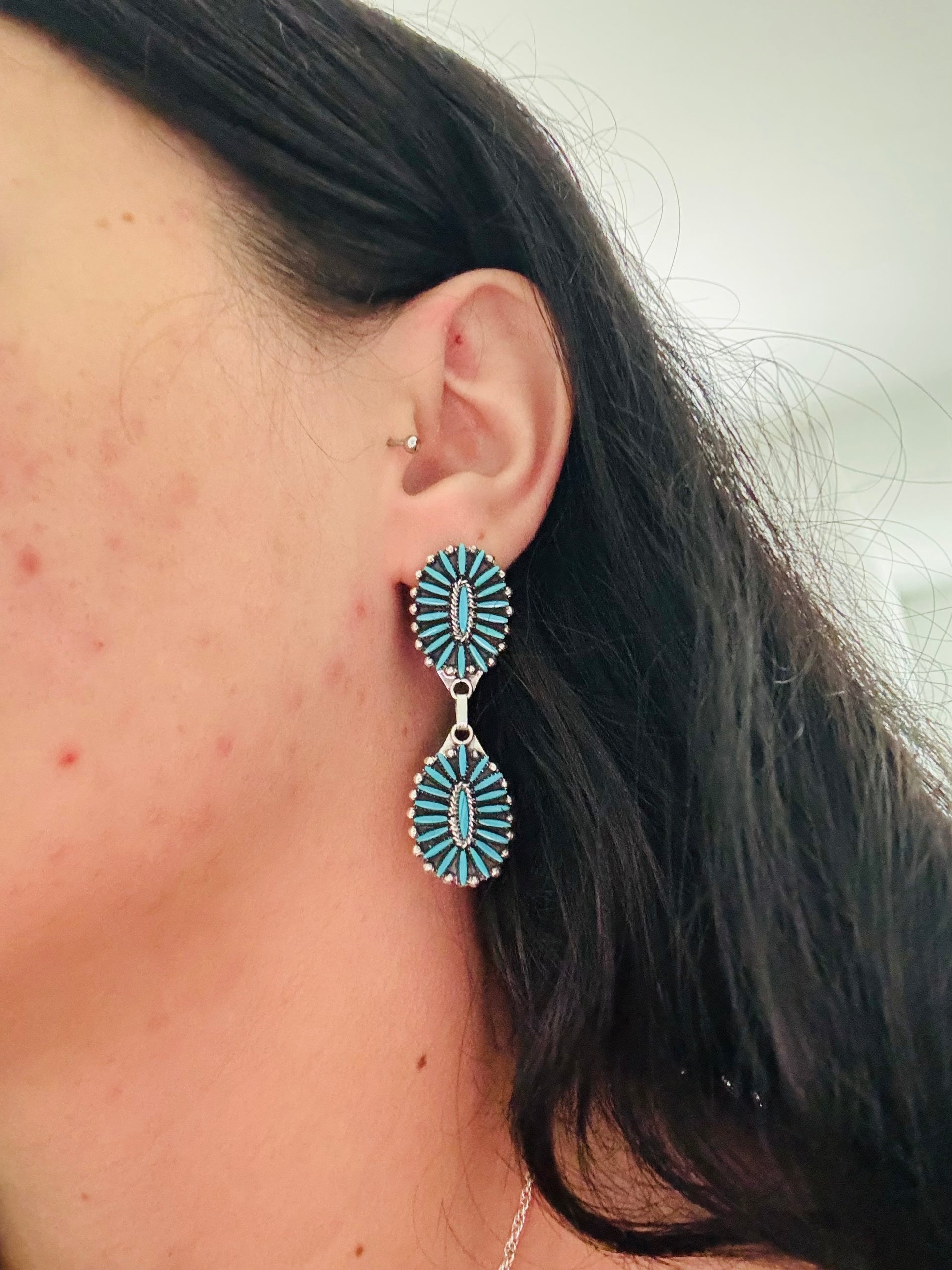 Owa Leon Fritz Kingman Turquoise & Sterling Silver Post Dangle Cluster Earrings