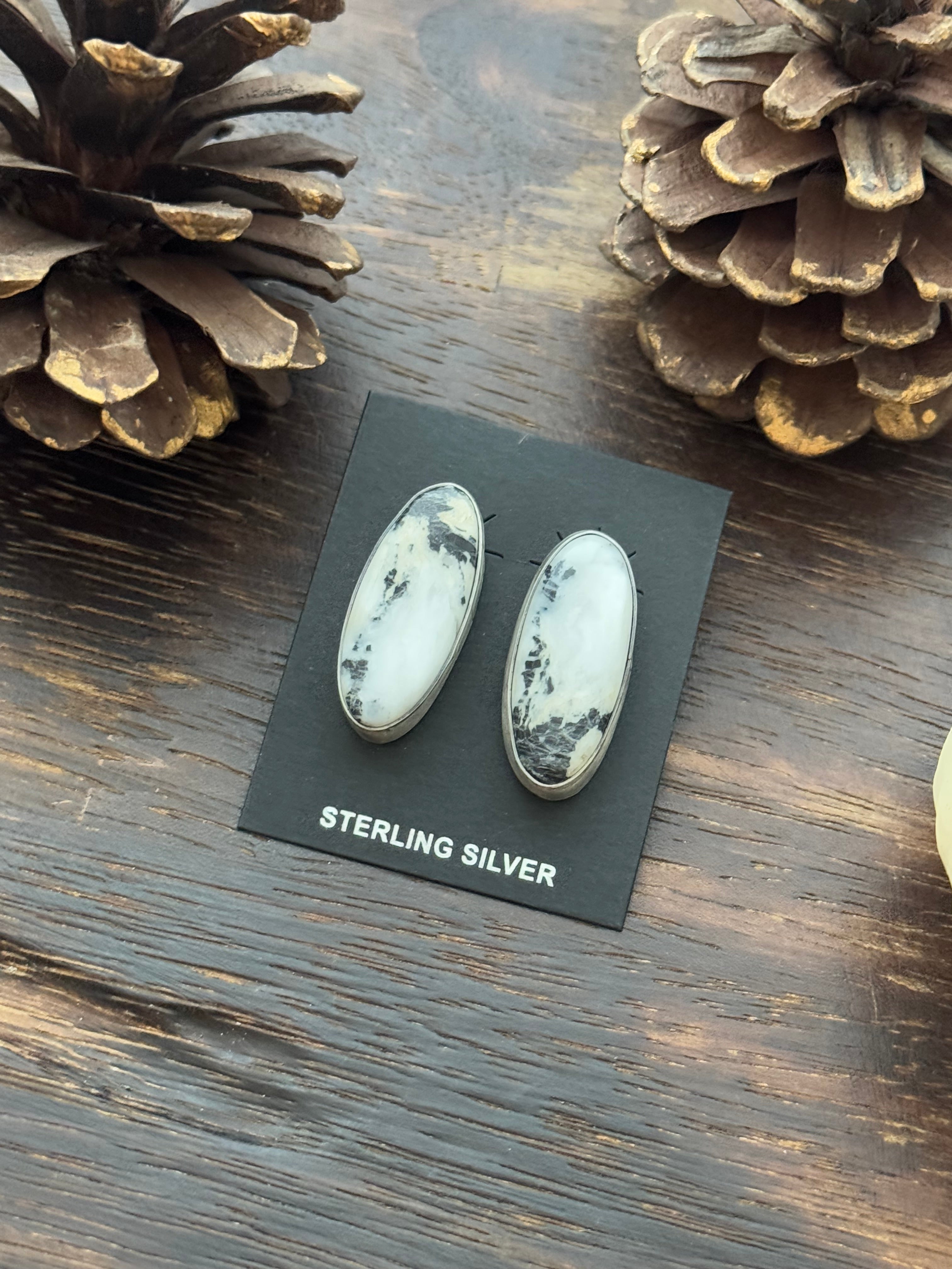 Navajo Made White Buffalo & Sterling Silver Post Earrings