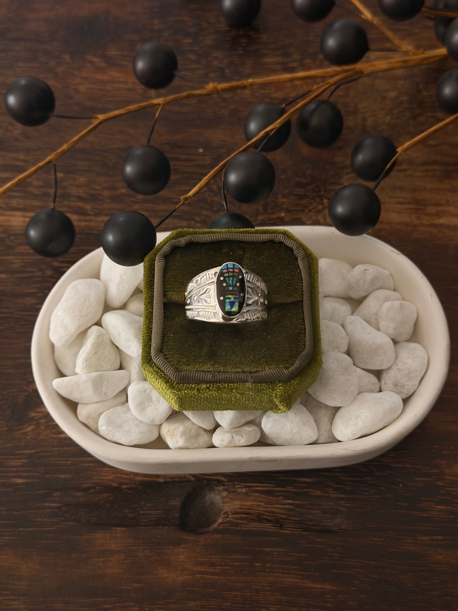 Francis Yazzie Multi Stone & Sterling Silver Inlay Ring Size 9.25
