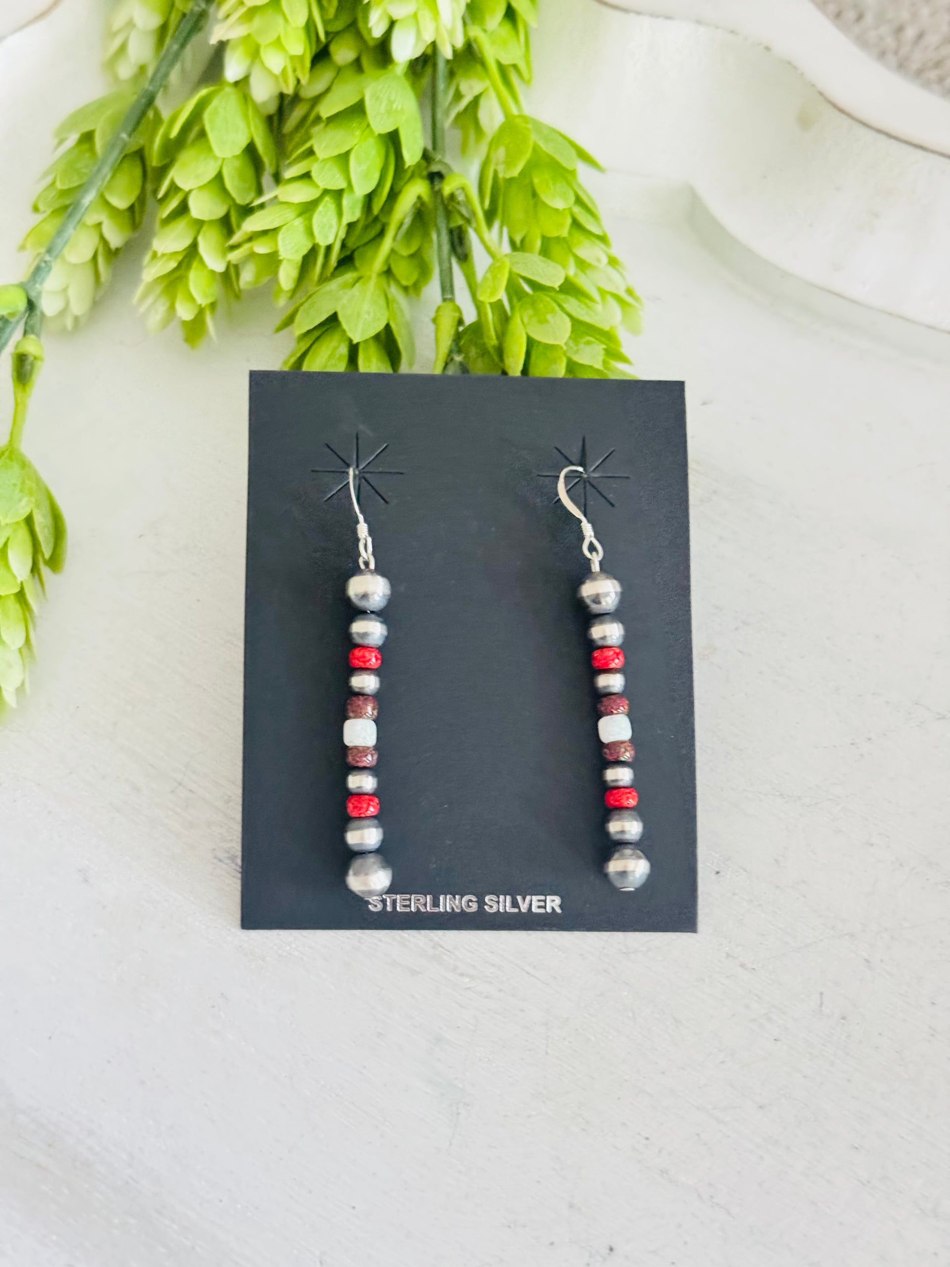 Navajo Strung Opal (Man Made) & Sterling Silver Graduated Pearl Dangle Earrings