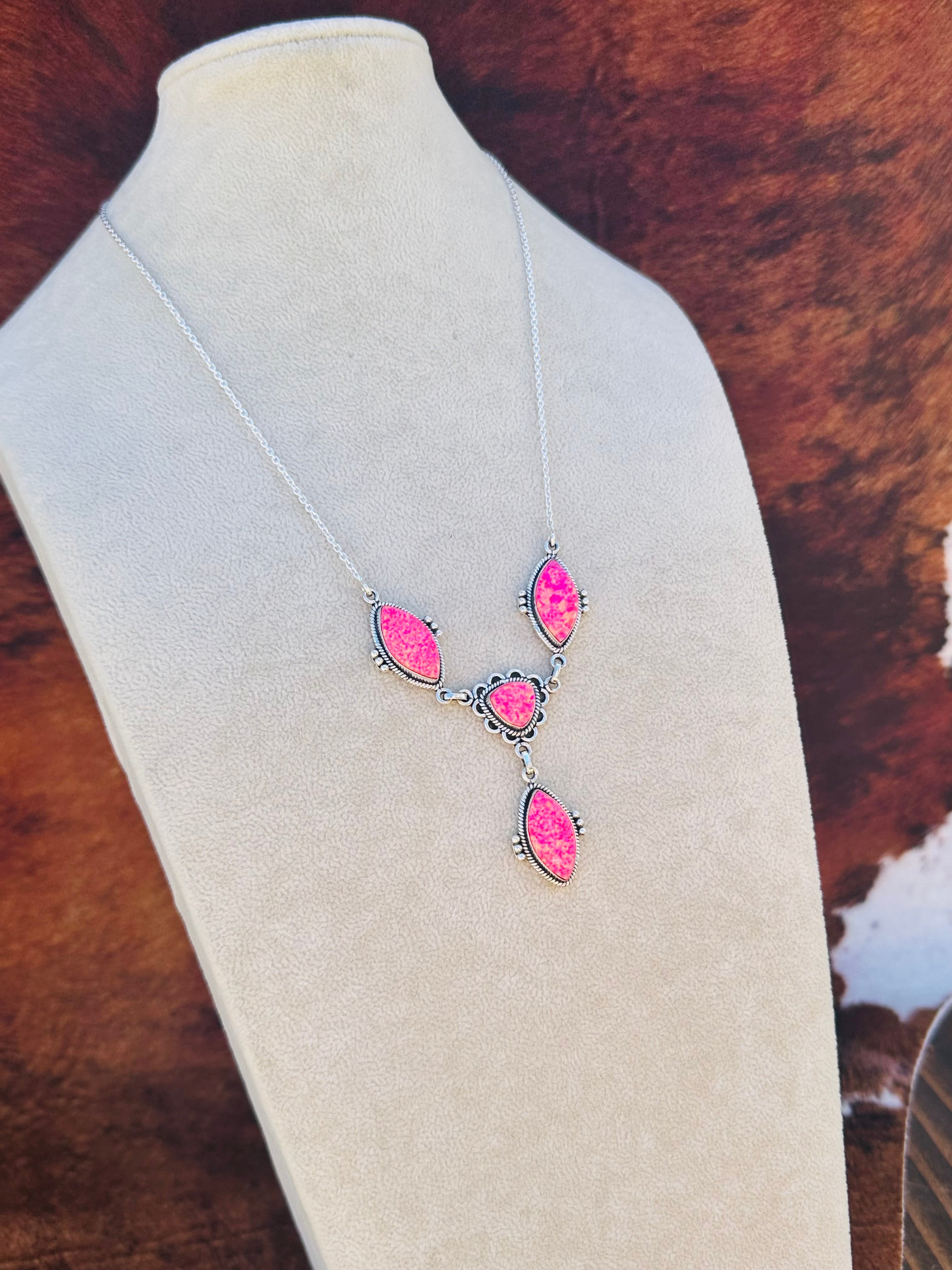 Southwest Handmade Hot Pink Opal & Sterling Silver Lariat Necklace