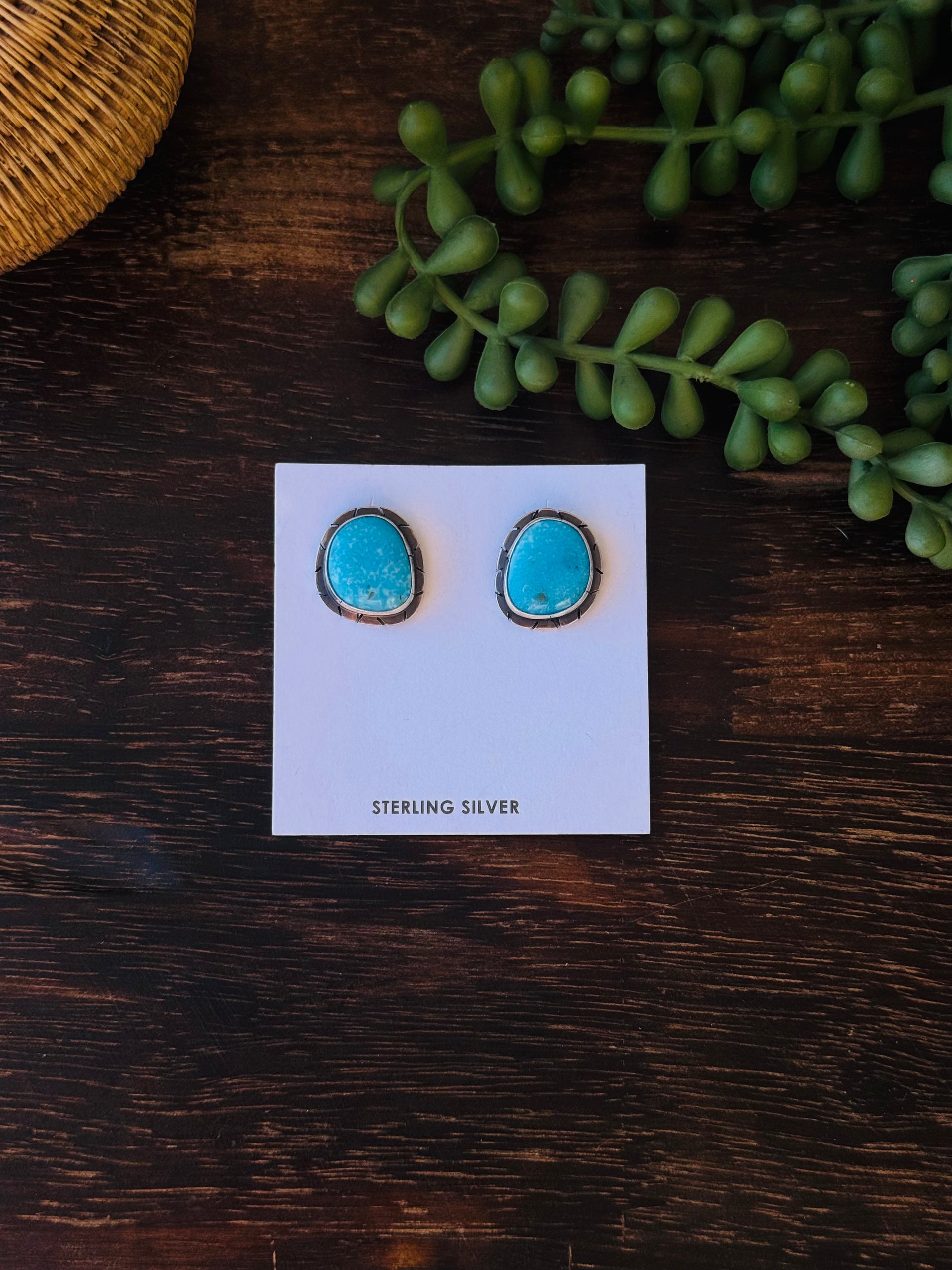 Navajo Made Kingman Turquoise & Sterling Silver Post Earrings