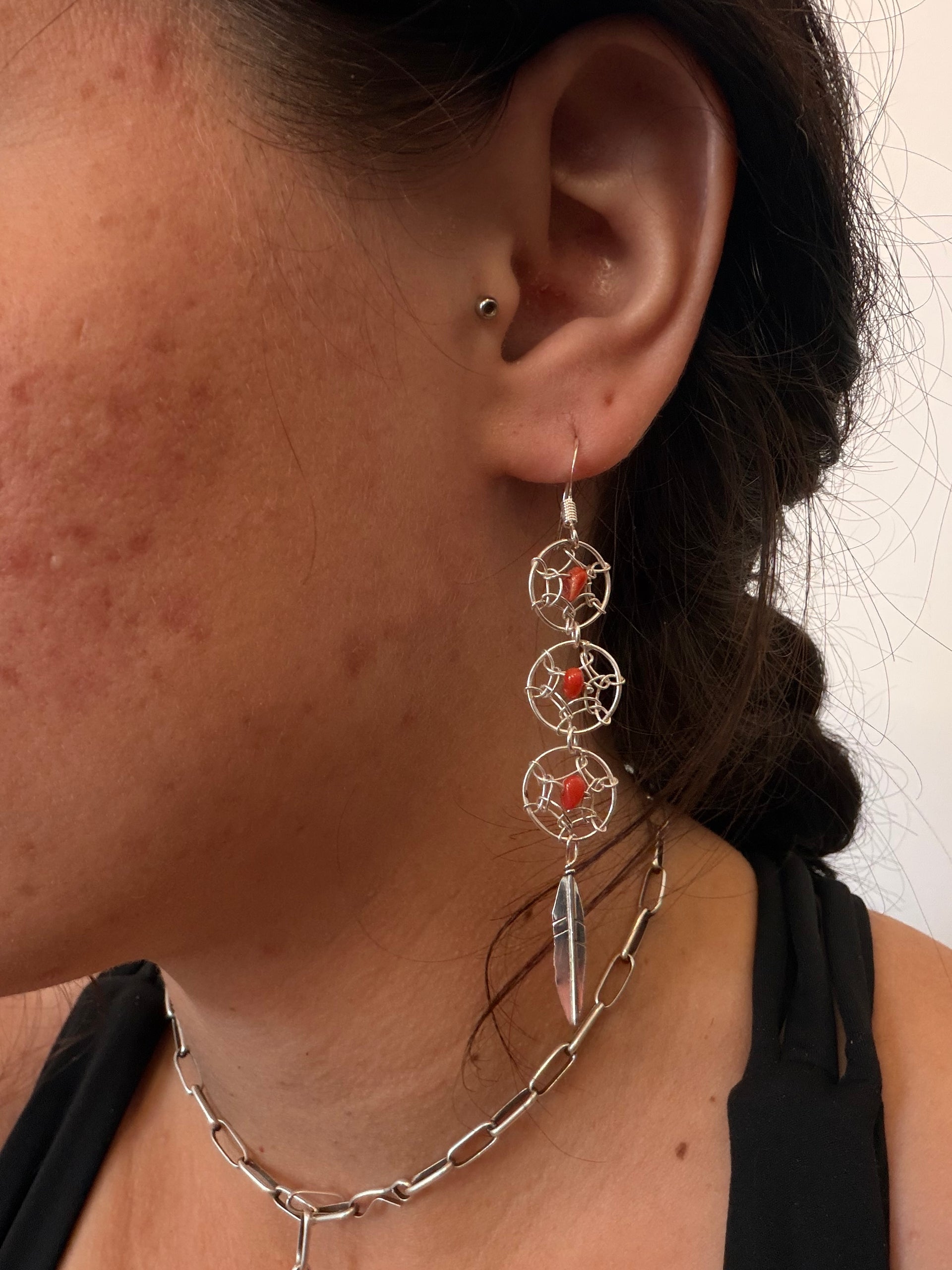 Navajo Made Red Coral & Sterling Silver Dangle Dream Catcher Earrings