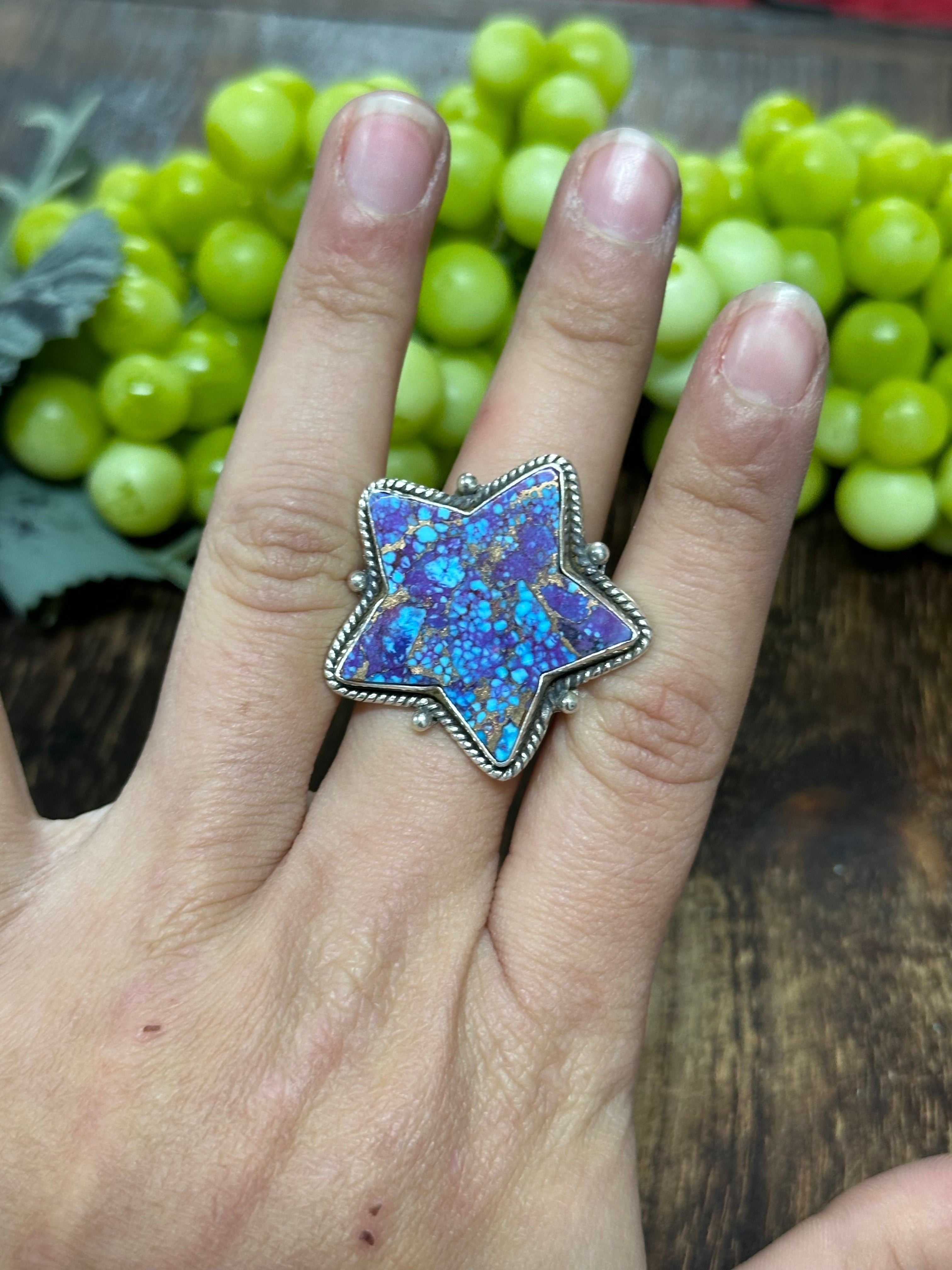 Southwest Handmade Mohave Turquoise & Sterling Silver Adjustable Star Ring