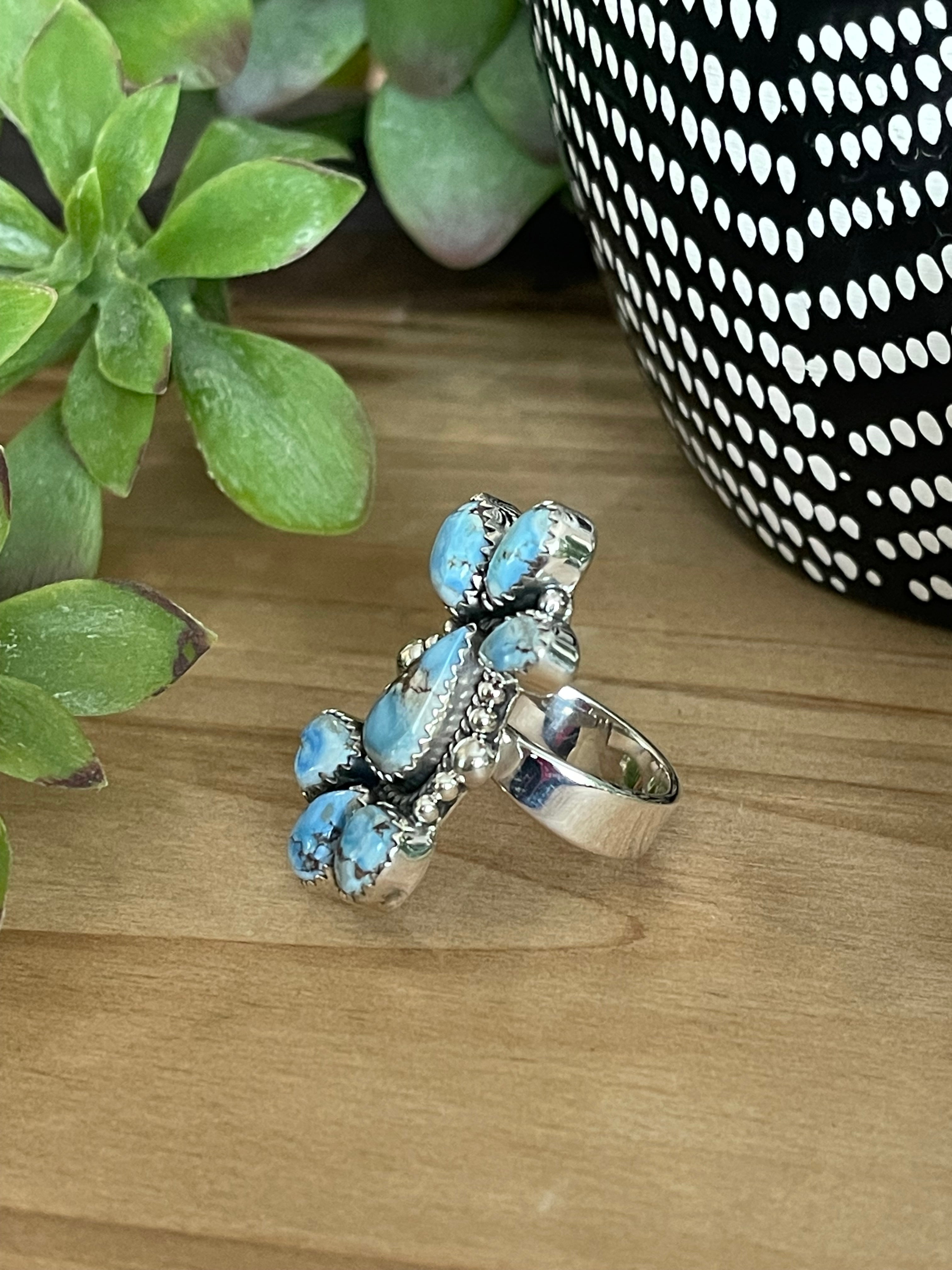 Southwest Handmade Golden Hills Turquoise & Sterling Silver Adjustable Cluster Ring