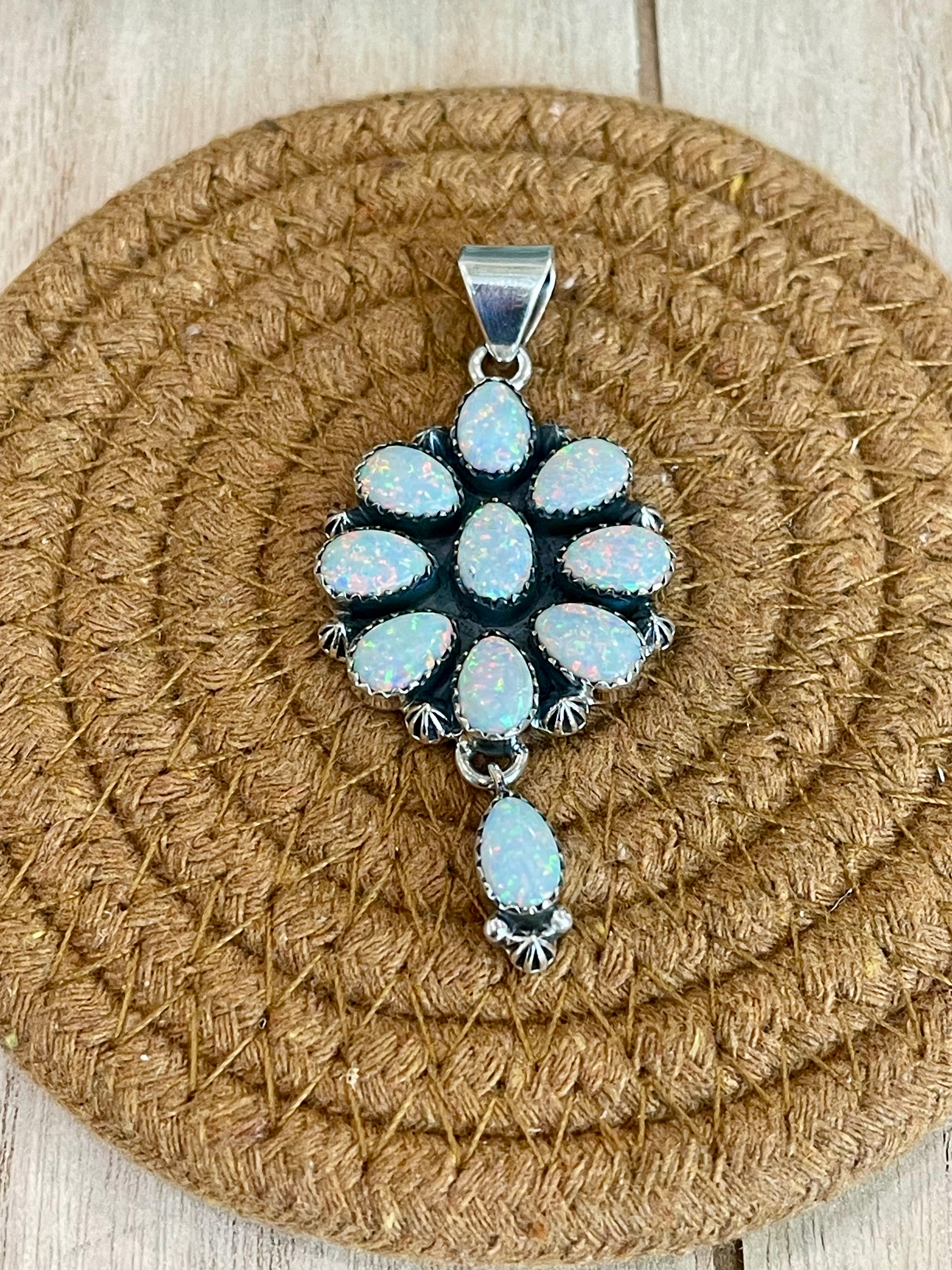 Southwest Handmade Opal & Sterling Silver Cluster Dangle Pendant