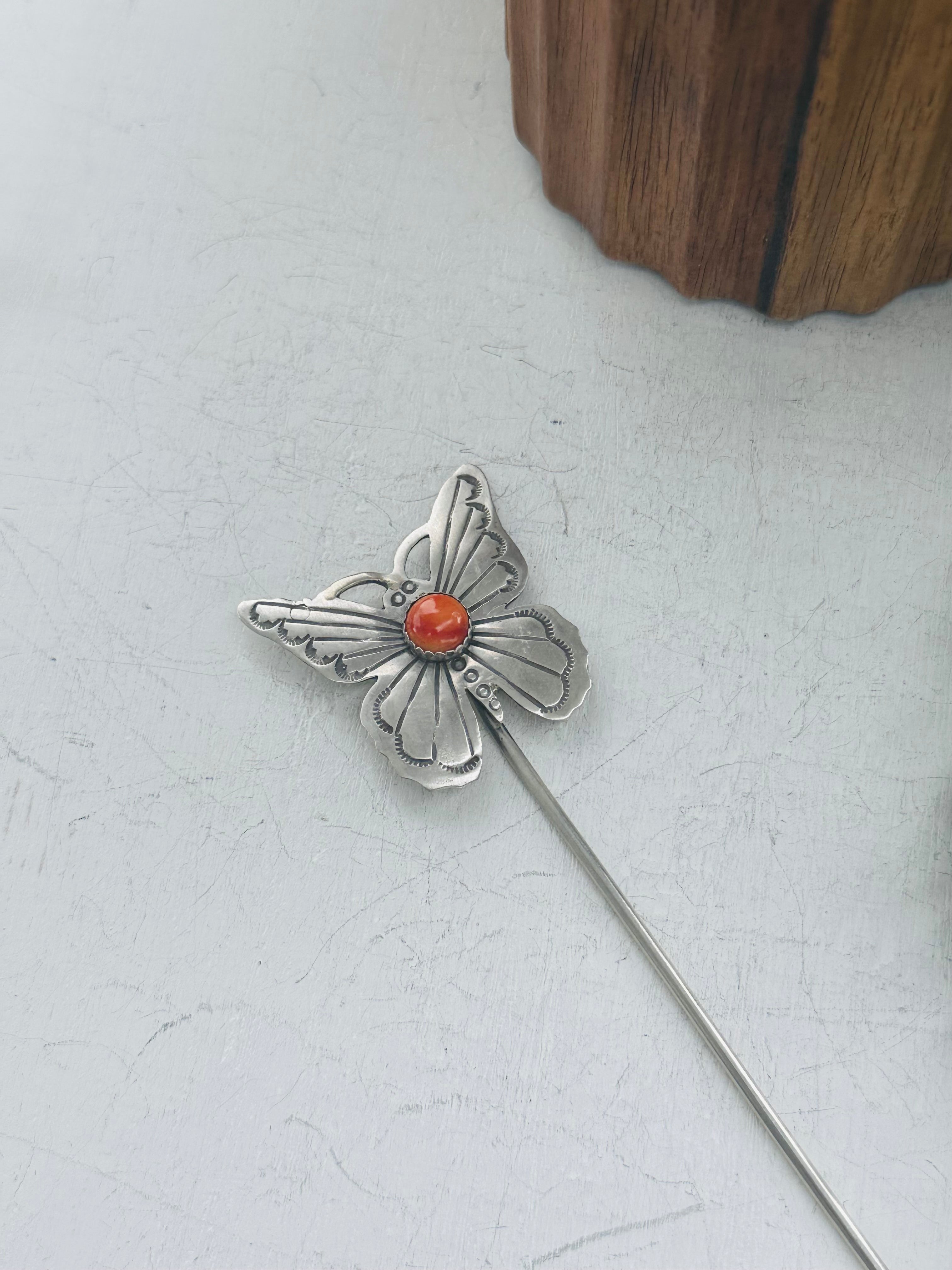 Navajo Handmade Spiny Oyster & Sterling Silver Butterfly Hair Pin