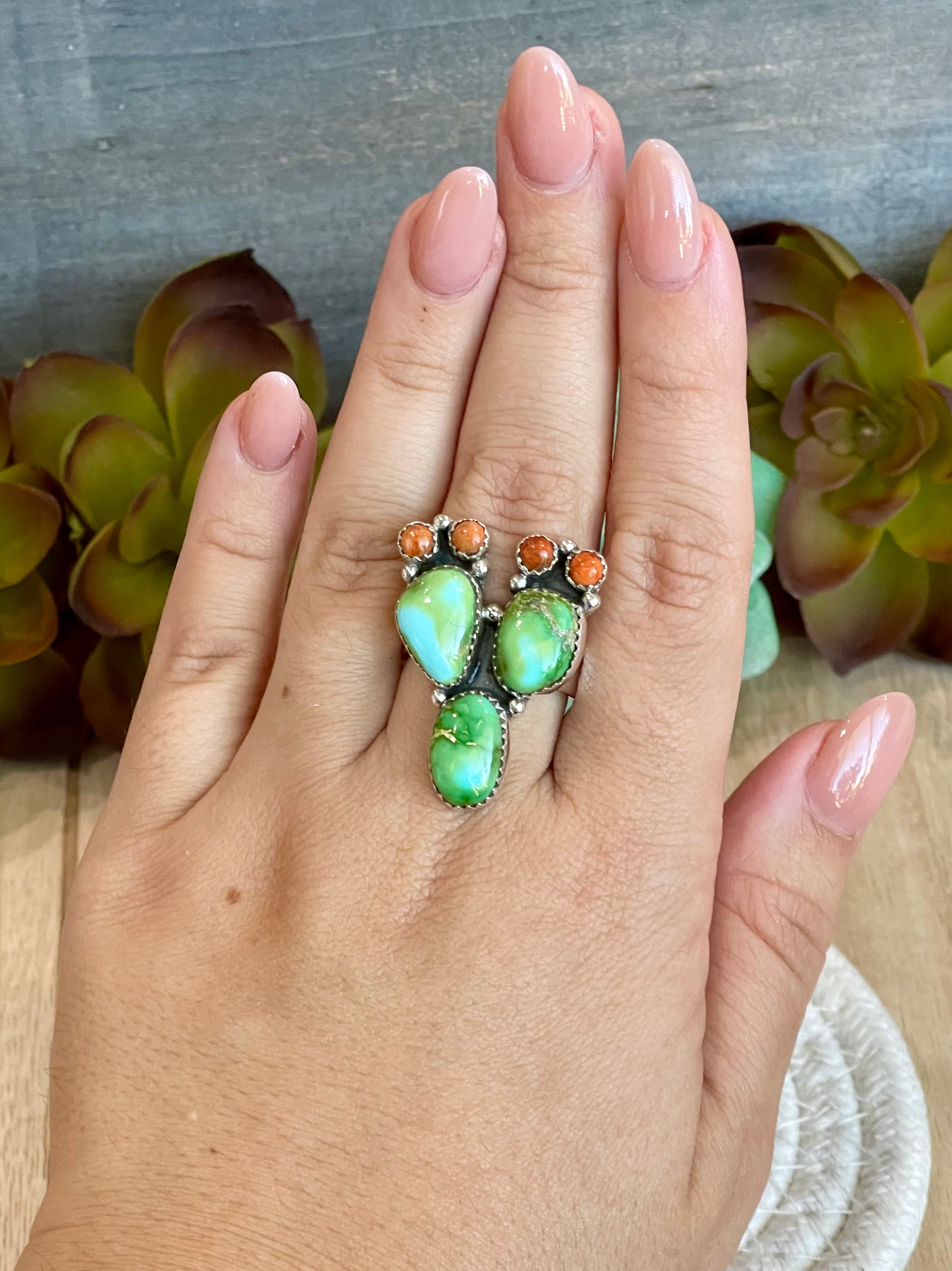 Southwest Handmade Sonoran Mountain Turquoise & Sterling Silver Adjustable Prickly Pear Ring